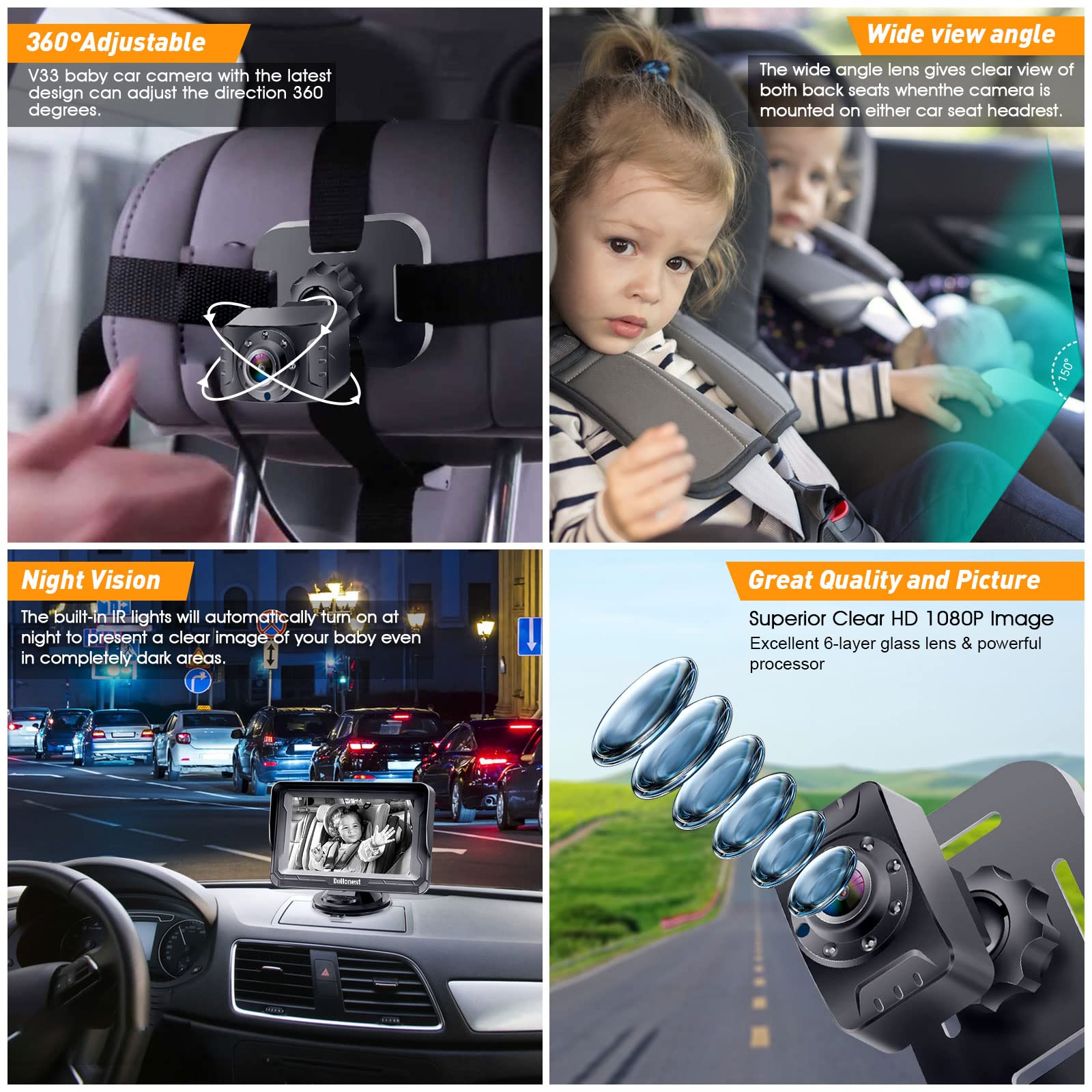 DoHonest Baby Car Camera 7-Inch: USB Plug and Play Easy Setup 360 Degree Rotating Backseat Camera Two Kids HD 1080P Rear Facing Car Seat Camera Clear Night Vision -V9 Black