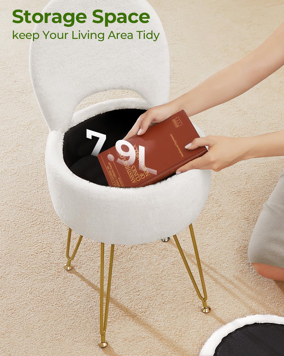 Greenstell Vanity Stool with Foldable Back, Vanity Chair with Storage, 13" Dx 27.7" H Faux Fur Soft Ottoman, 4 Metal Legs with Anti-Slip Feet, Small Furry Padded Seat for Makeup, Bedroom, White