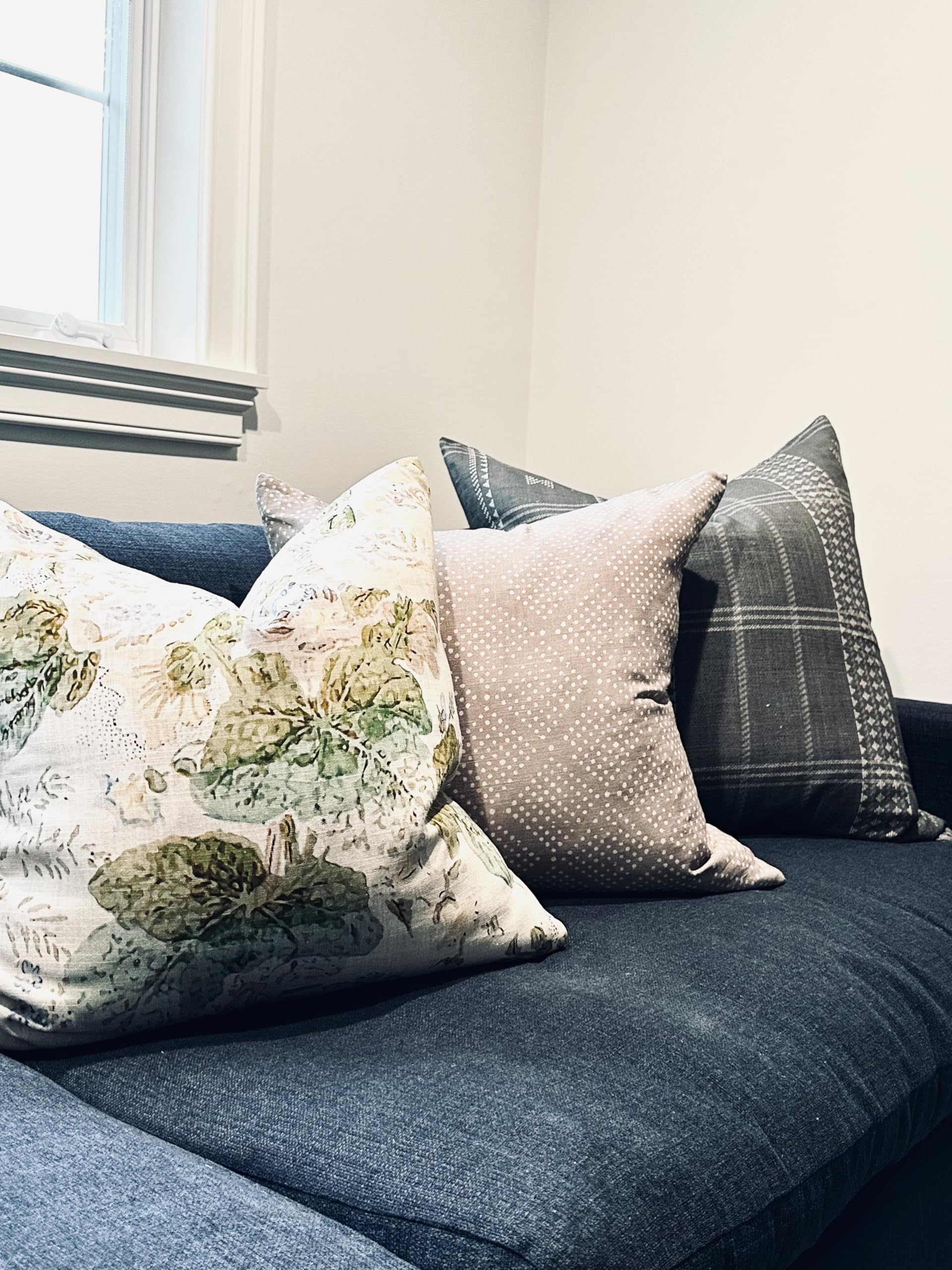 Pillow Cover 100% Linen 20 x 20 inches Double Sided Block Print with Zipper for Easy Removal Home Decor Shabby Chic Farmhouse Neutral Decorative Sofa Couch Accent (Plaid White Grey)
