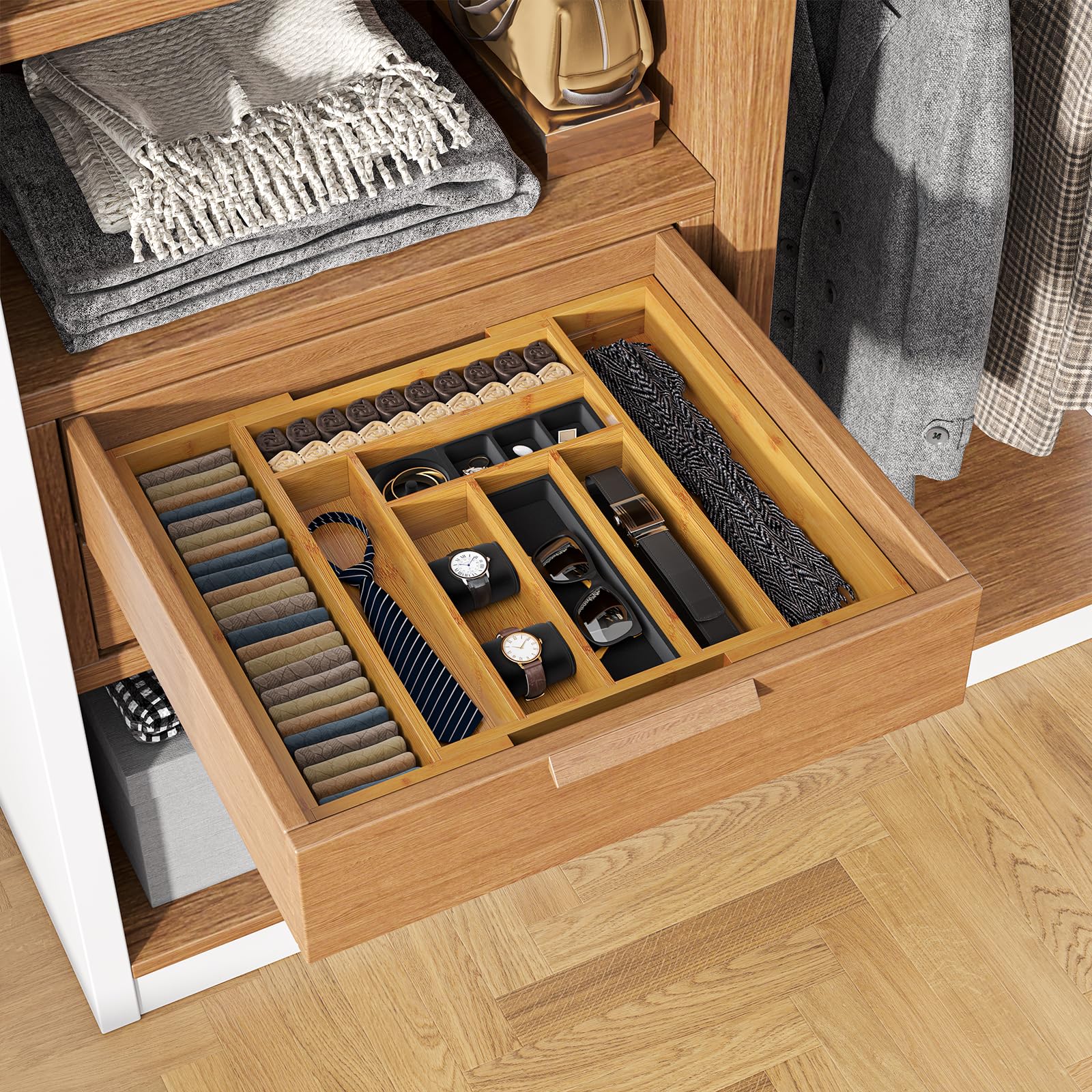 Bamboo Expandable Drawer Organizer for Utensils Holder, Adjustable Cutlery Tray, Wood Drawer Dividers Organizer for Silverware, Flatware, Knives in Kitchen, Bedroom, Living Room by Pipishell