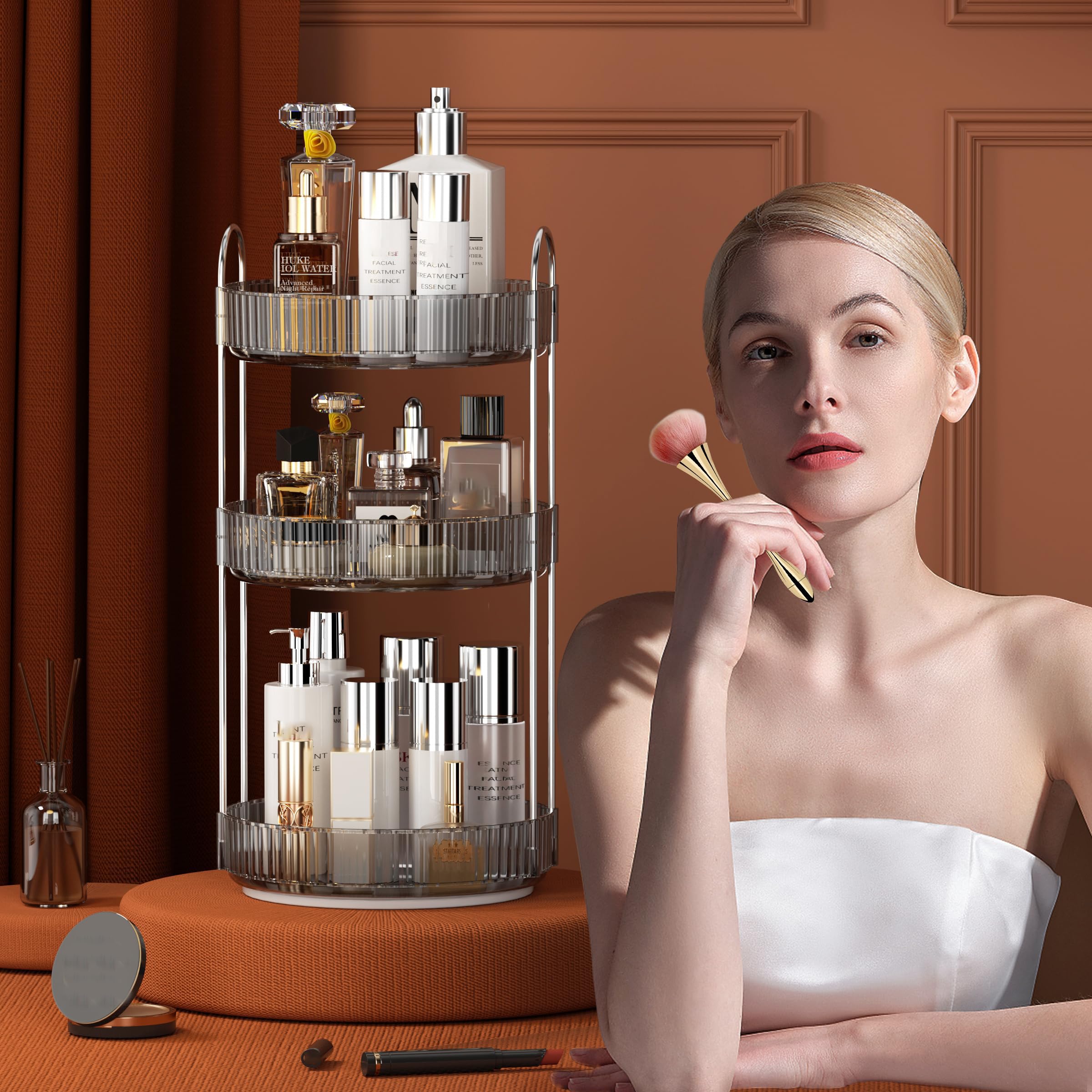 YCIA&DONE 360 Rotating Makeup Organizer and Storage for Vanity Bathroom Countertop, High Capacity Cosmetic Skincare Perfume Organizer for Dresser Lazy Susan Organizers(Clear White,2 Tiers)