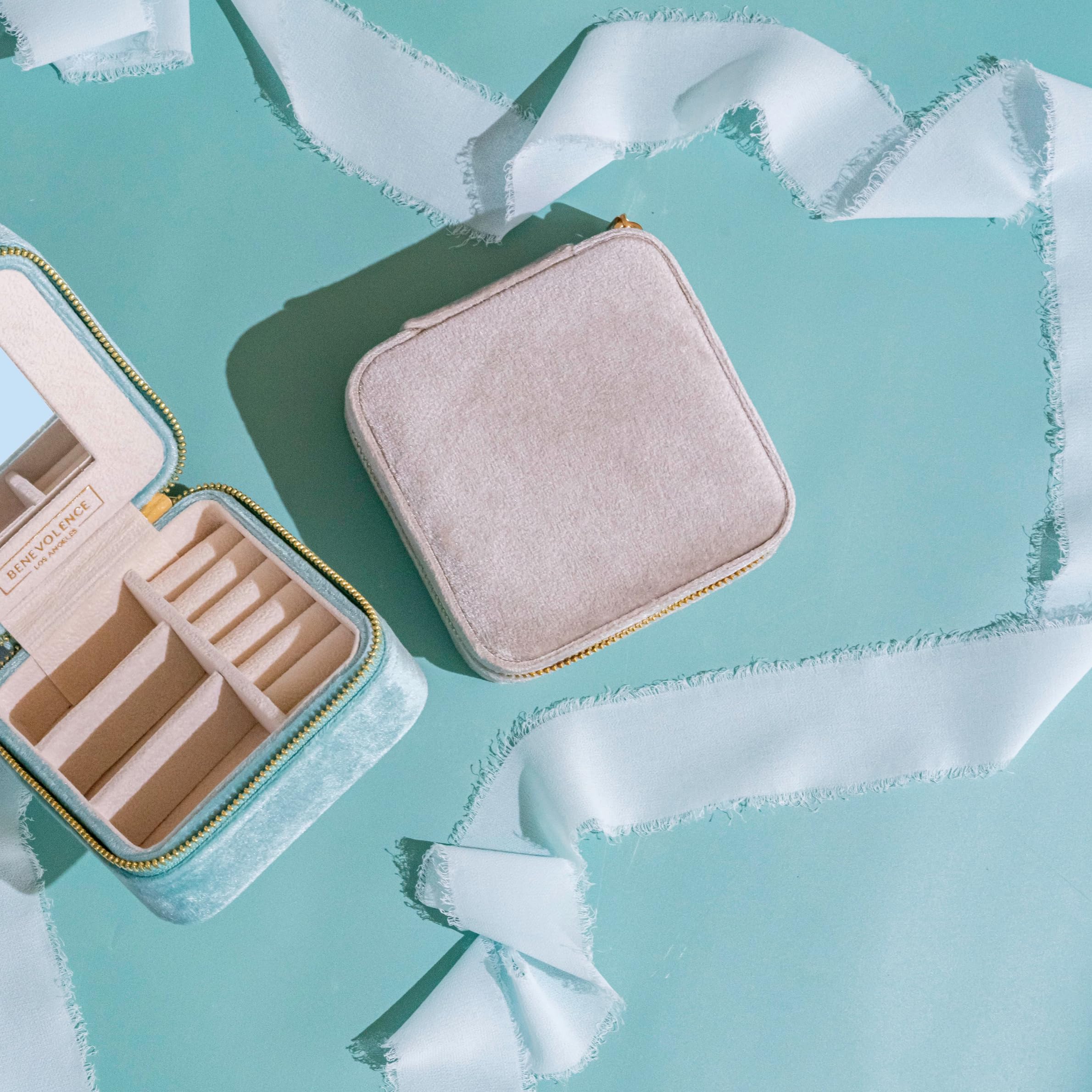 Benevolence LA Plush Velvet Travel Jewelry Storage Box | Travel Jewelry Case Small Jewelry Box for Women | Jewelry Travel Organizer | Earring Organizer with Mirror - Dusty Pink