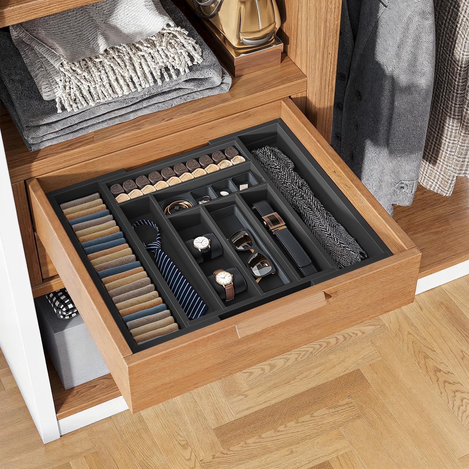 Bamboo Expandable Drawer Organizer for Utensils Holder, Adjustable Cutlery Tray, Wood Drawer Dividers Organizer for Silverware, Flatware, Knives in Kitchen, Bedroom, Living Room by Pipishell