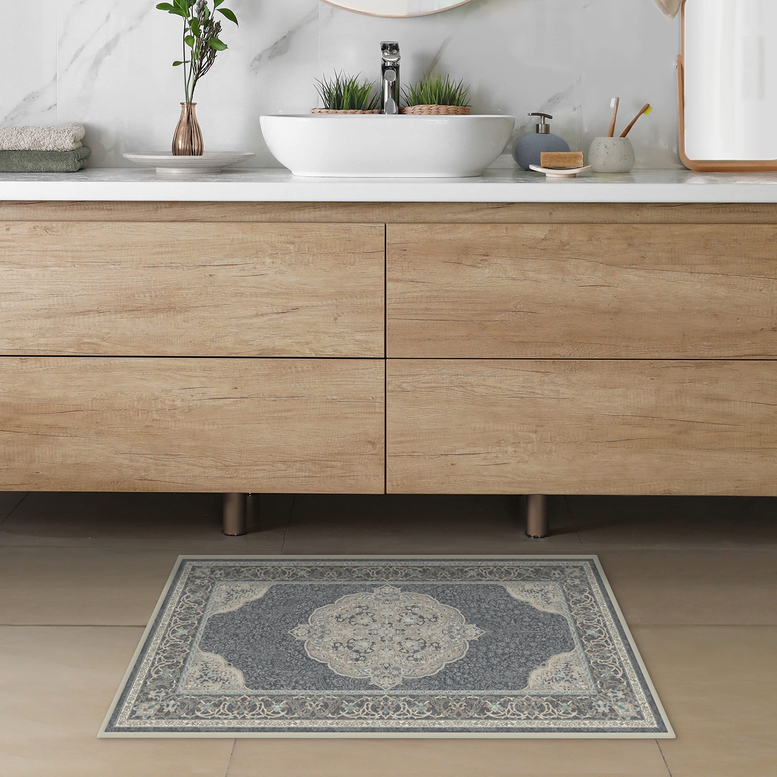 RUGGABLE Disney Traditional Mickey Mouse Washable Rug - Perfect Area Rug for Nursery Playroom Kids Room - Pet & Child Friendly - Stain & Water Resistant - Damask Grey 3&