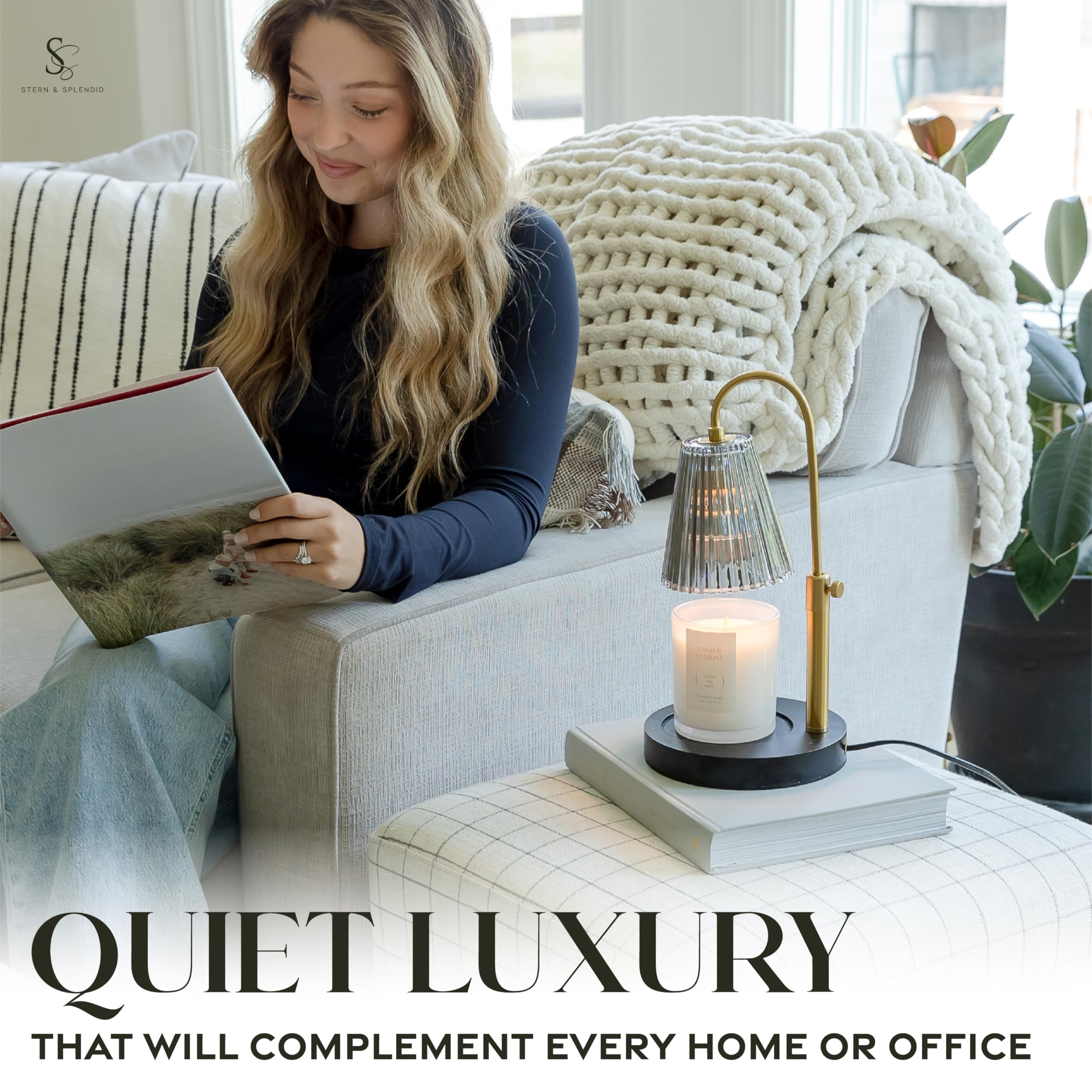 Flameless Candle Warmer Lamp for Jar Candles Large & Small – Dimmable Lamp Candle Warmer Electric with Large Marble Base & Adjustable Height – Candle Melter with Timer and 4 Halogen Light Bulbs