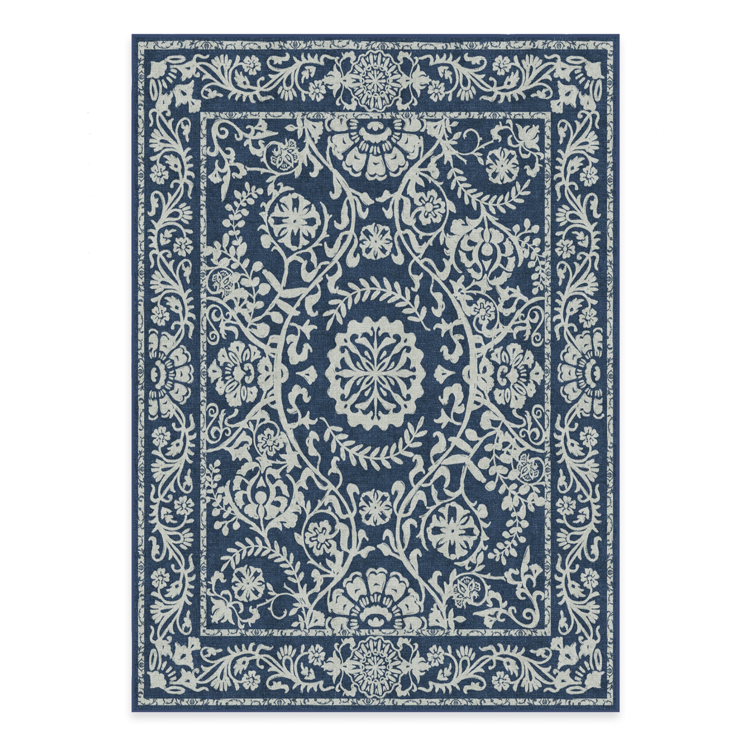 RUGGABLE Washable 2x3 Area Rug, Delphina Delft Blue, Premium Vintage Rugs for Living Room, Bedroom, Kitchen, Office, Classroom with Gripper Non Slip Pad
