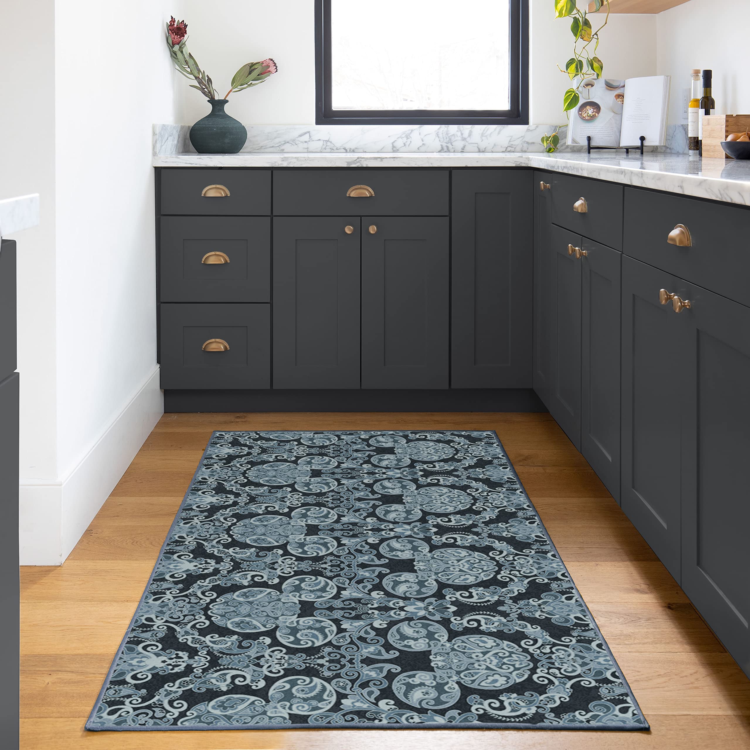 RUGGABLE Disney Traditional Mickey Mouse Washable Rug - Perfect Area Rug for Nursery Playroom Kids Room - Pet & Child Friendly - Stain & Water Resistant - Damask Grey 3&