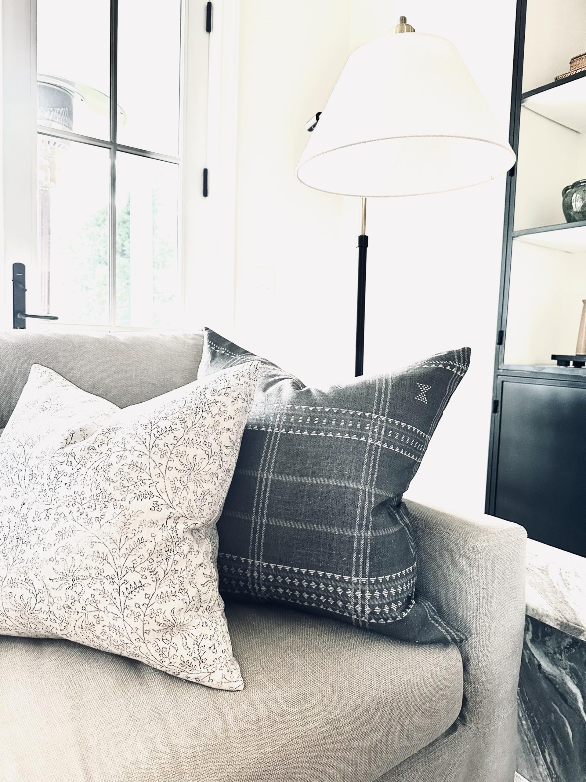 Pillow Cover 100% Linen 20 x 20 inches Double Sided Block Print with Zipper for Easy Removal Home Decor Shabby Chic Farmhouse Neutral Decorative Sofa Couch Accent (Plaid White Grey)