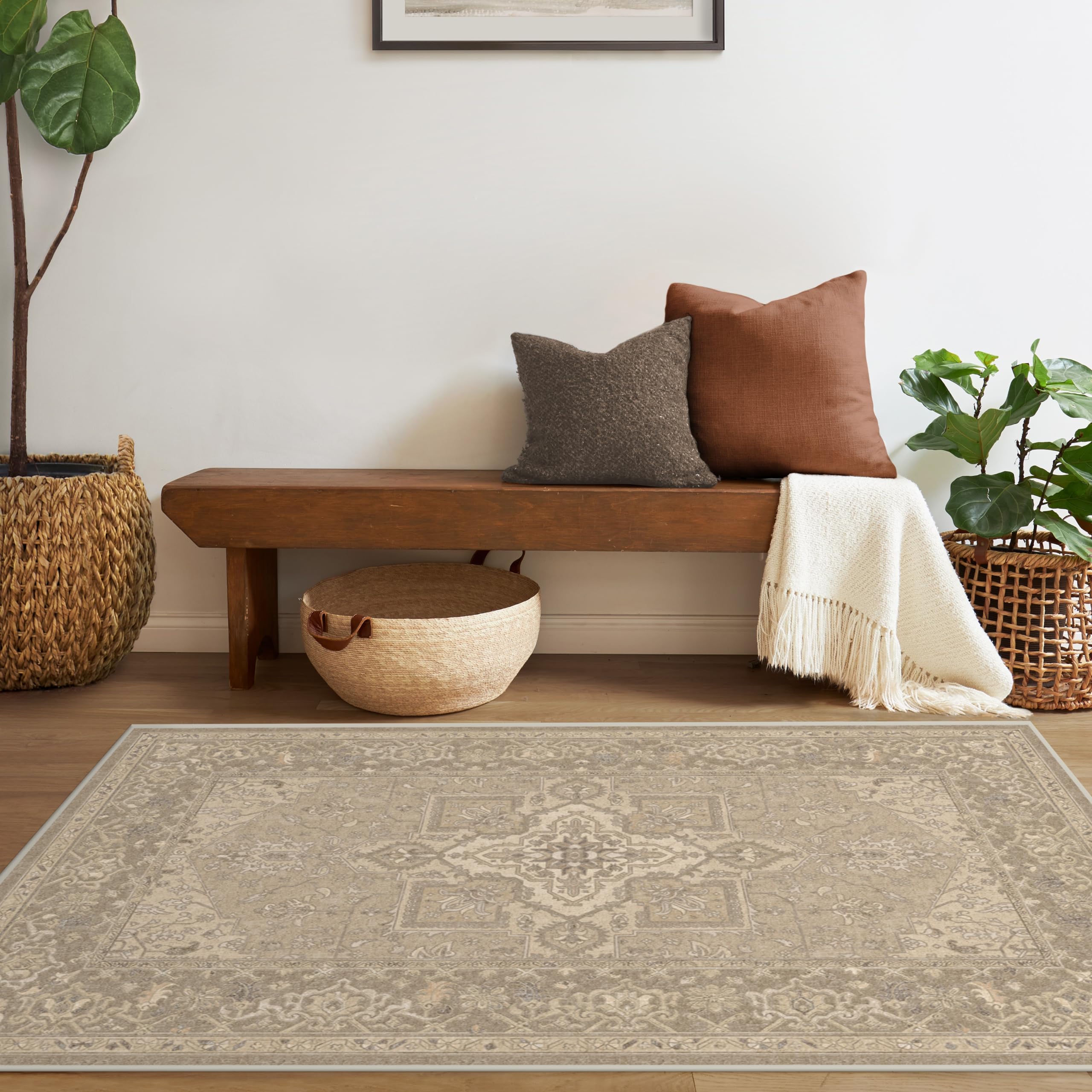 RUGGABLE Maral Heriz Washable Rug - Perfect Vintage Area Rug for Living Room Bedroom Kitchen - Pet & Child Friendly - Stain & Water Resistant - Creme 3&