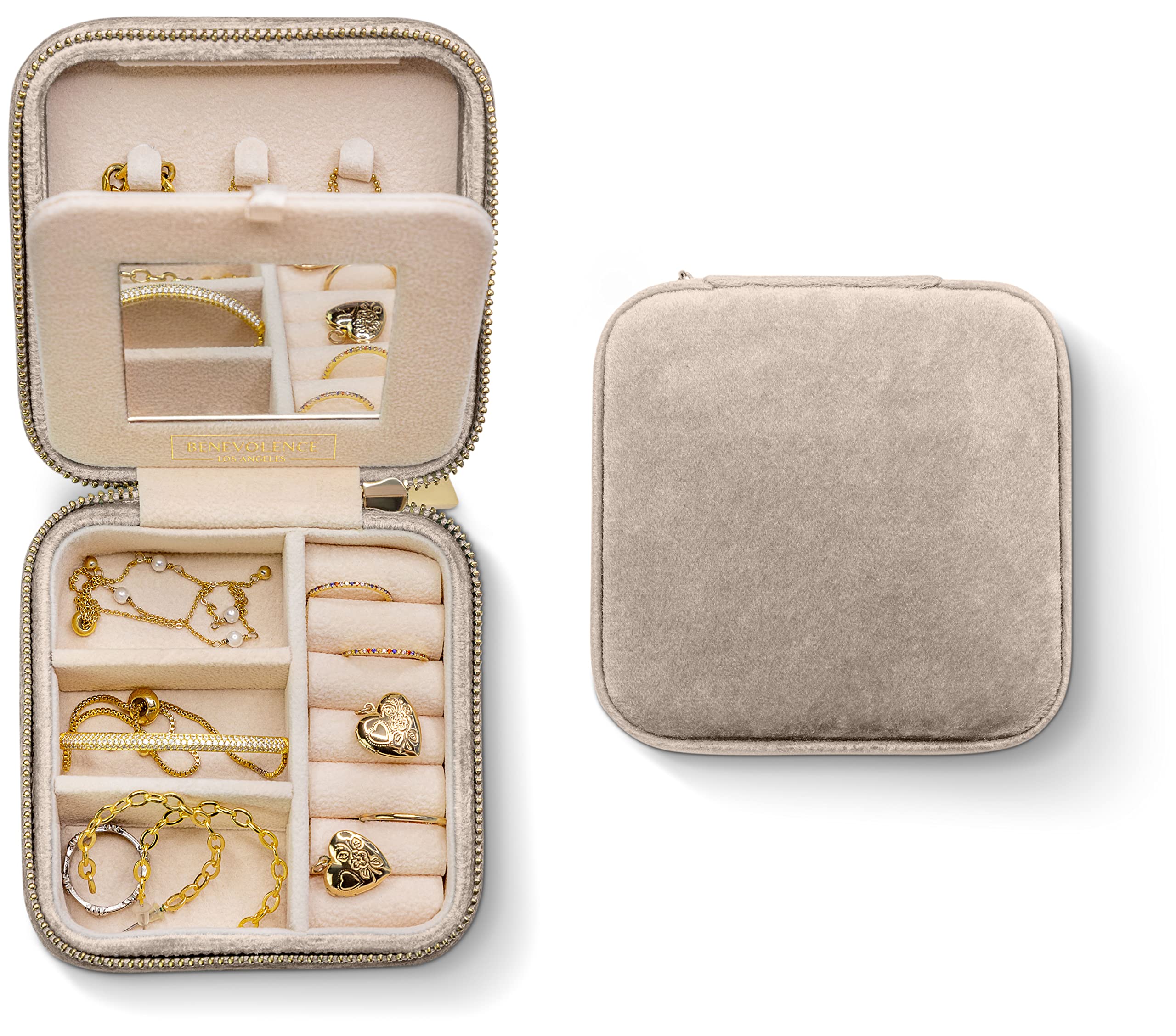 Benevolence LA Plush Velvet Travel Jewelry Storage Box | Travel Jewelry Case Small Jewelry Box for Women | Jewelry Travel Organizer | Earring Organizer with Mirror - Dusty Pink