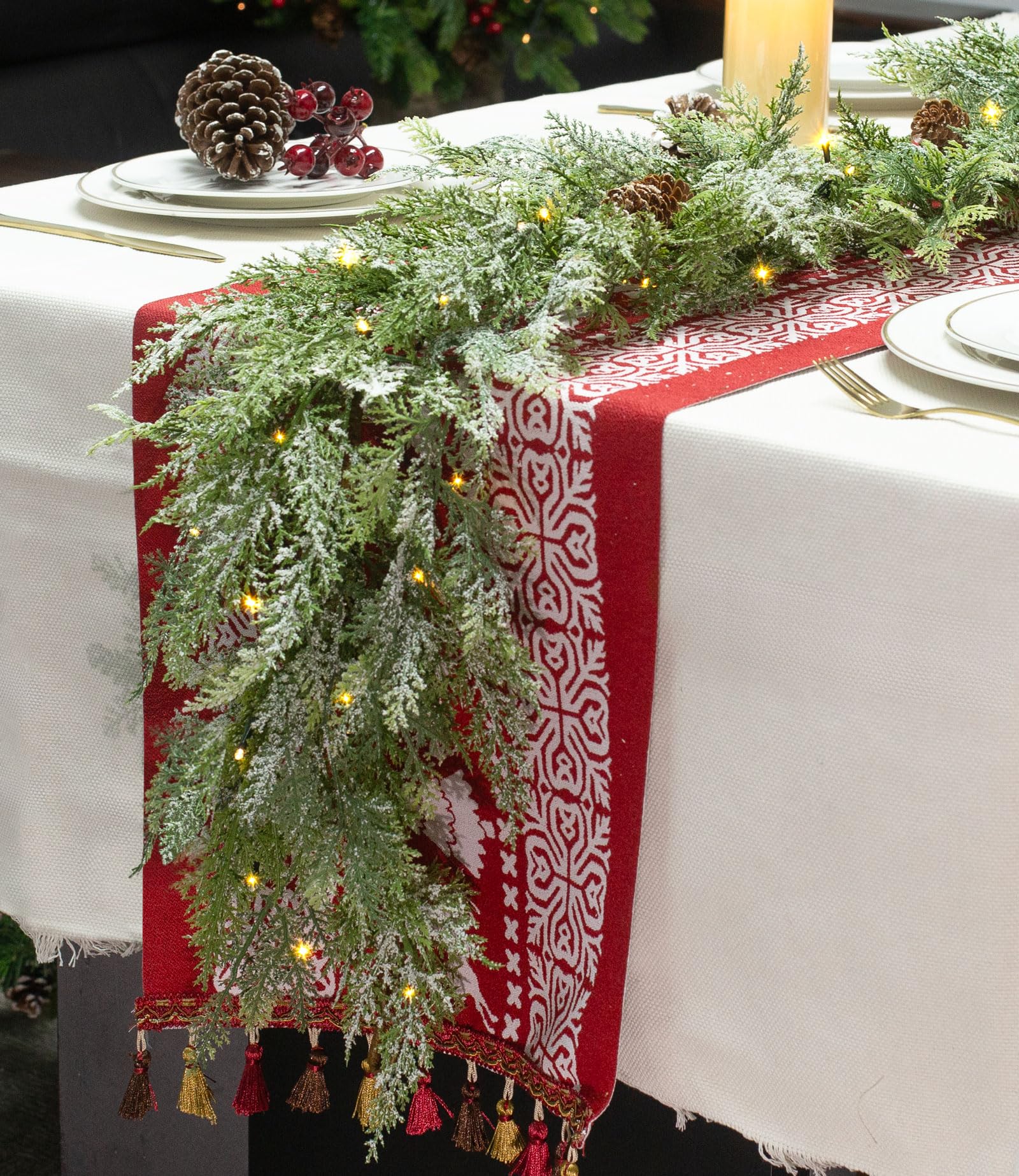 Jin&Bao 6FT Real Touch Norfolk Pine Garlands, Christmas Garland with Lights, Christmas Decorations for Mantel Stairs Table Runner Outdoor Indoor Winter Decor, 50 LED with Timer 8 Modes