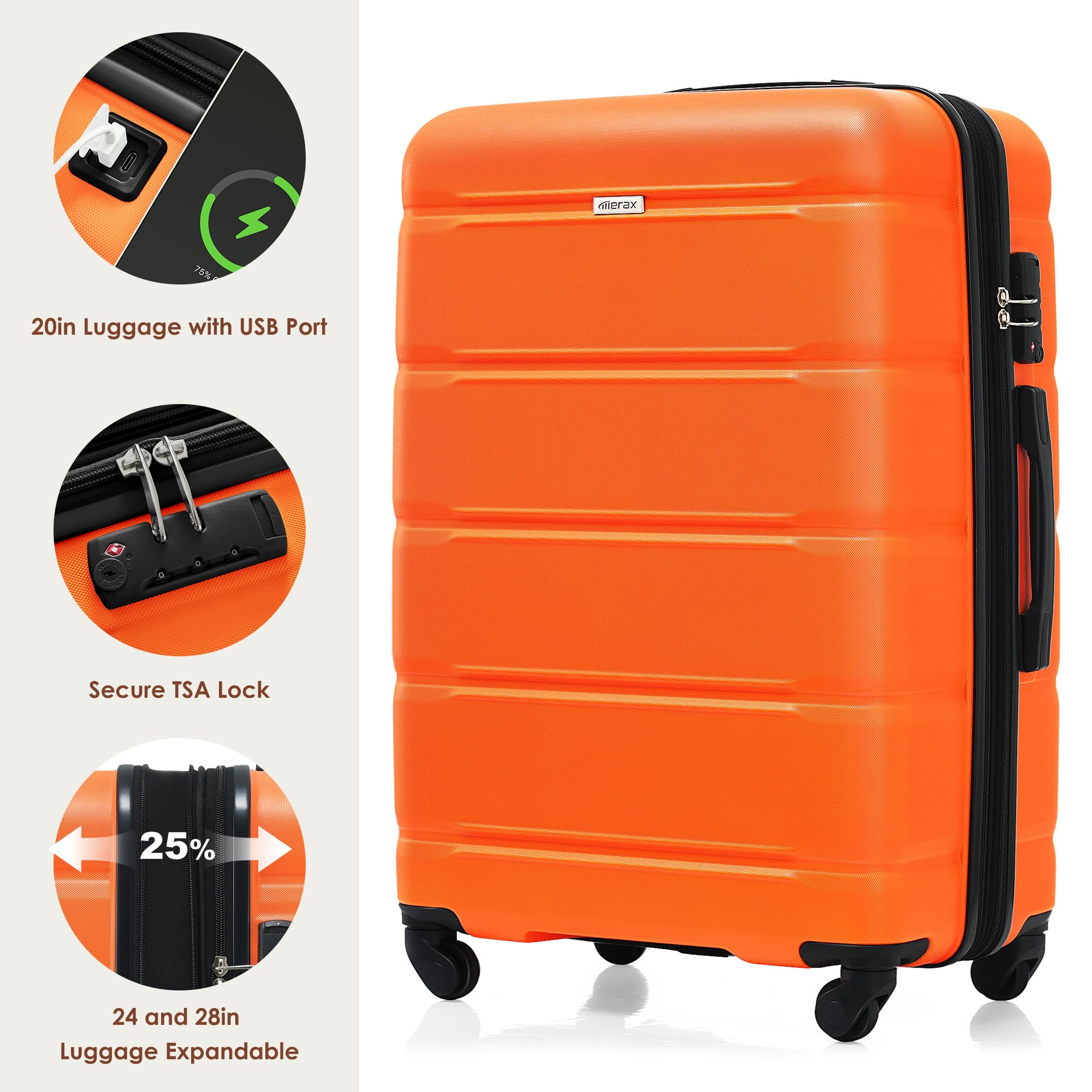 Merax 3 Pcs ABS Hardside Luggage Sets TSA Lock Spinner Wheel Suitcases, Pearly White, 20/24/28 Inch