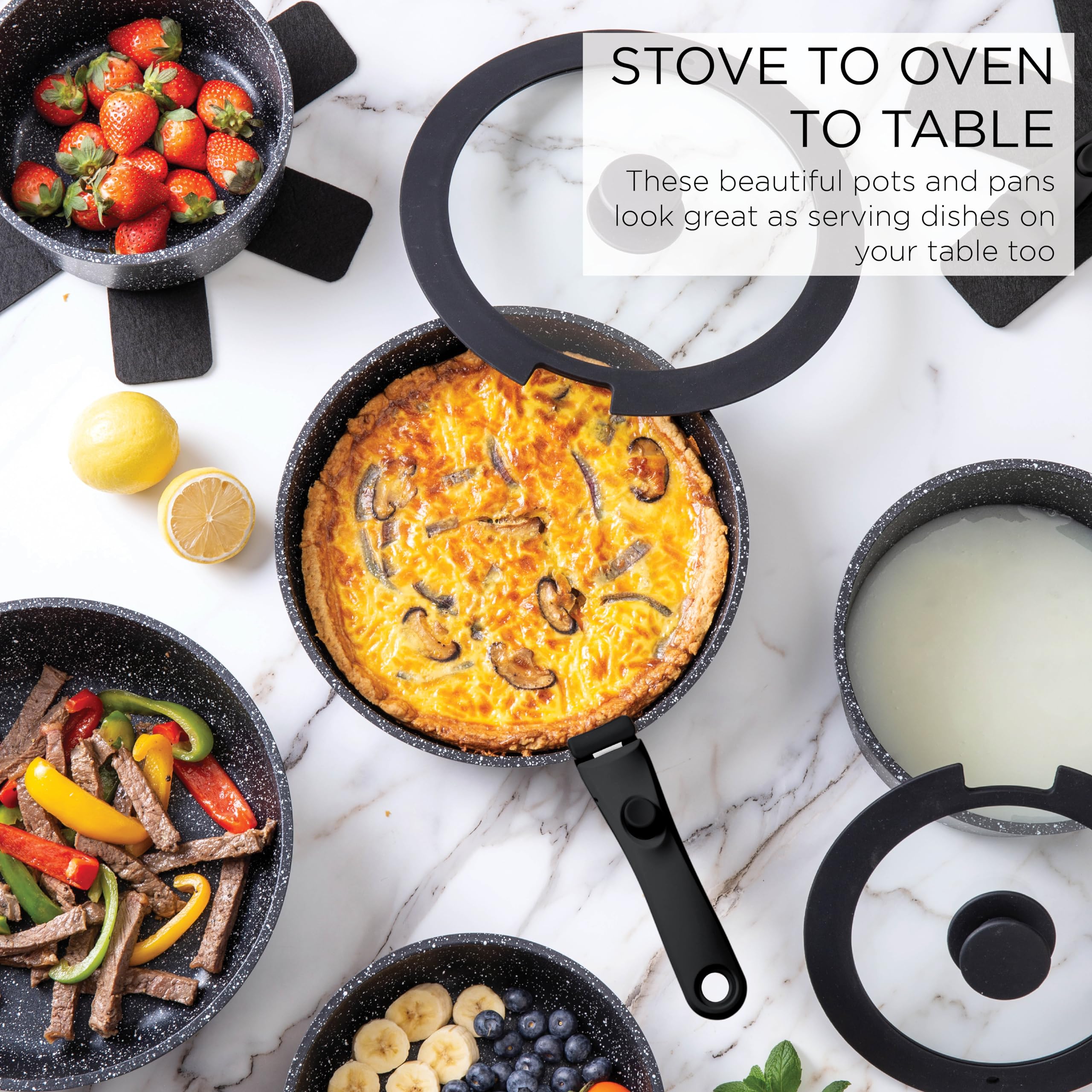 Country Kitchen Cookware Set with Removable Handle, Oven & RV Safe Pots and Pans Set, Cream, Deluxe Larger Set