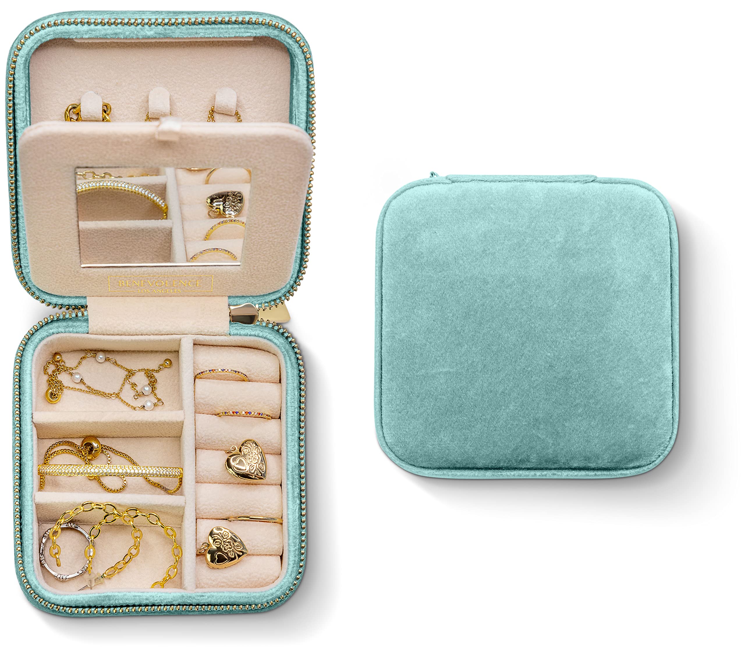 Benevolence LA Plush Velvet Travel Jewelry Storage Box | Travel Jewelry Case Small Jewelry Box for Women | Jewelry Travel Organizer | Earring Organizer with Mirror - Dusty Pink