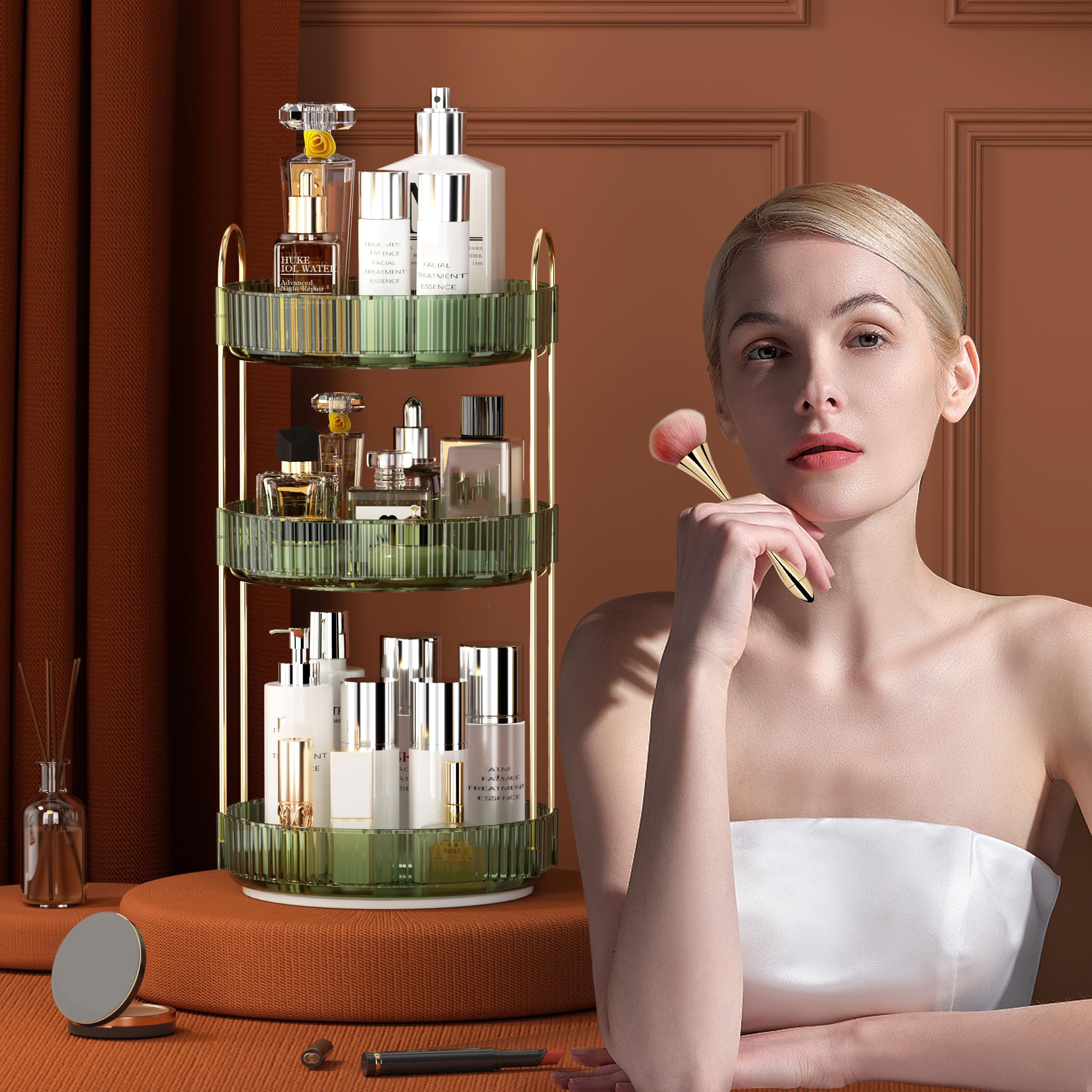 YCIA&DONE 360 Rotating Makeup Organizer and Storage for Vanity Bathroom Countertop, High Capacity Cosmetic Skincare Perfume Organizer for Dresser Lazy Susan Organizers(Clear White,2 Tiers)