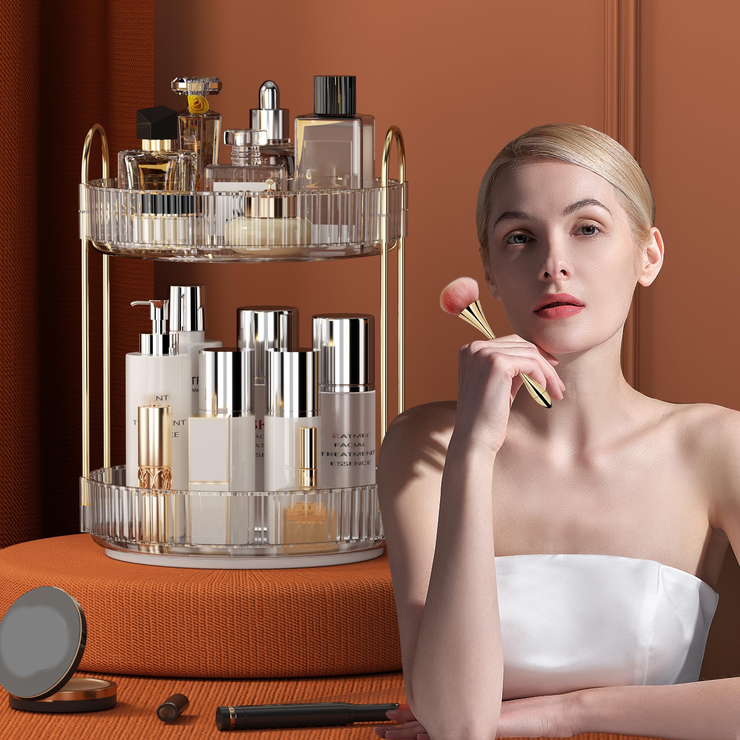 YCIA&DONE 360 Rotating Makeup Organizer and Storage for Vanity Bathroom Countertop, High Capacity Cosmetic Skincare Perfume Organizer for Dresser Lazy Susan Organizers(Clear White,2 Tiers)