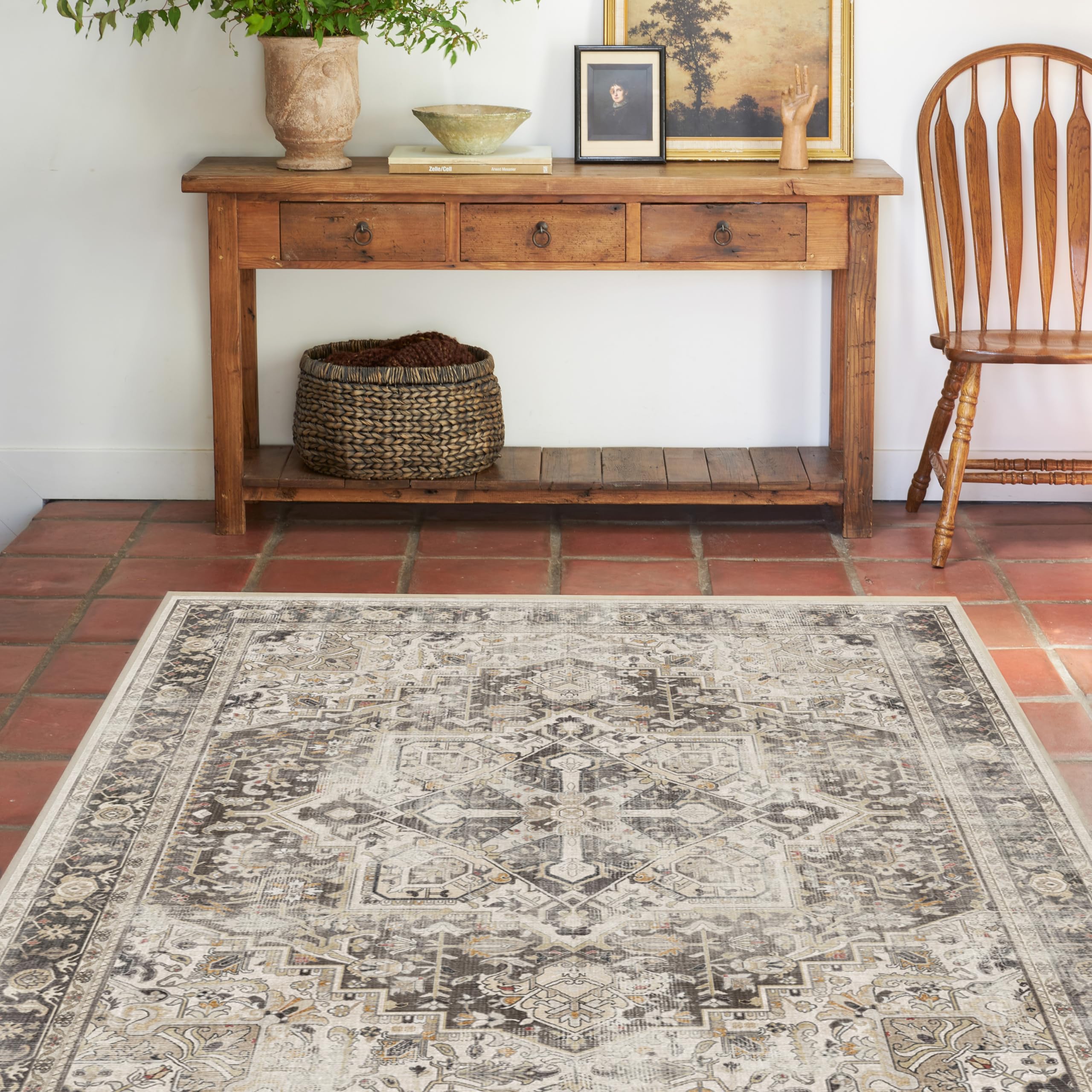 RUGGABLE Kamran Washable Rug - Perfect Vintage Area Rug for Living Room Bedroom Kitchen - Pet & Child Friendly - Stain & Water Resistant - Hazel 5&