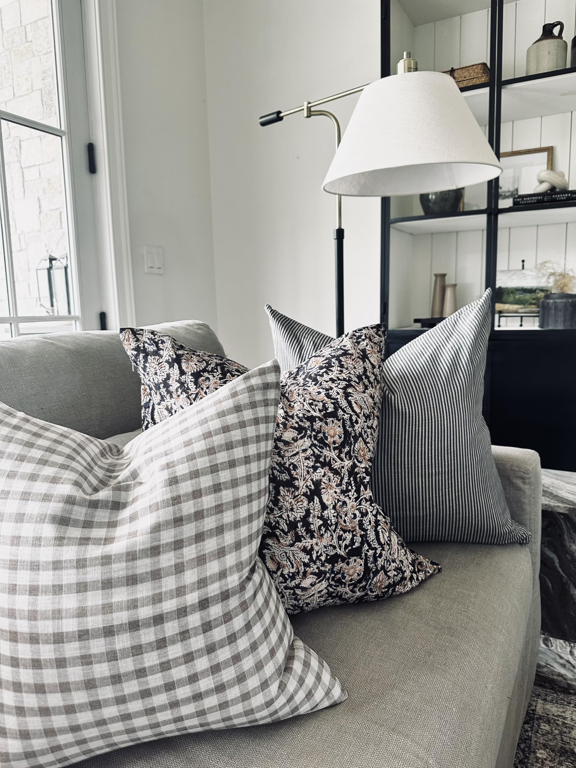 Pillow Cover 100% Linen 20 x 20 inches Double Sided Block Print with Zipper for Easy Removal Home Decor Shabby Chic Farmhouse Neutral Decorative Sofa Couch Accent (Plaid White Grey)