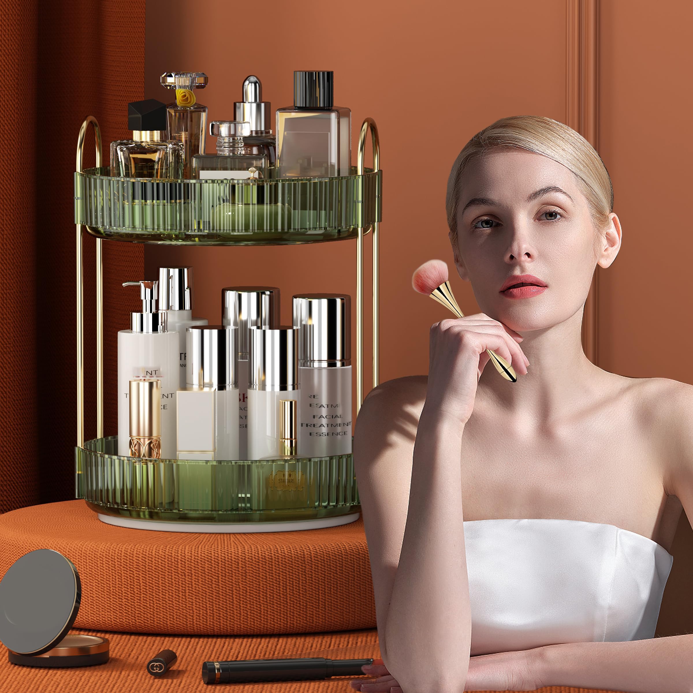 YCIA&DONE 360 Rotating Makeup Organizer and Storage for Vanity Bathroom Countertop, High Capacity Cosmetic Skincare Perfume Organizer for Dresser Lazy Susan Organizers(Clear White,2 Tiers)