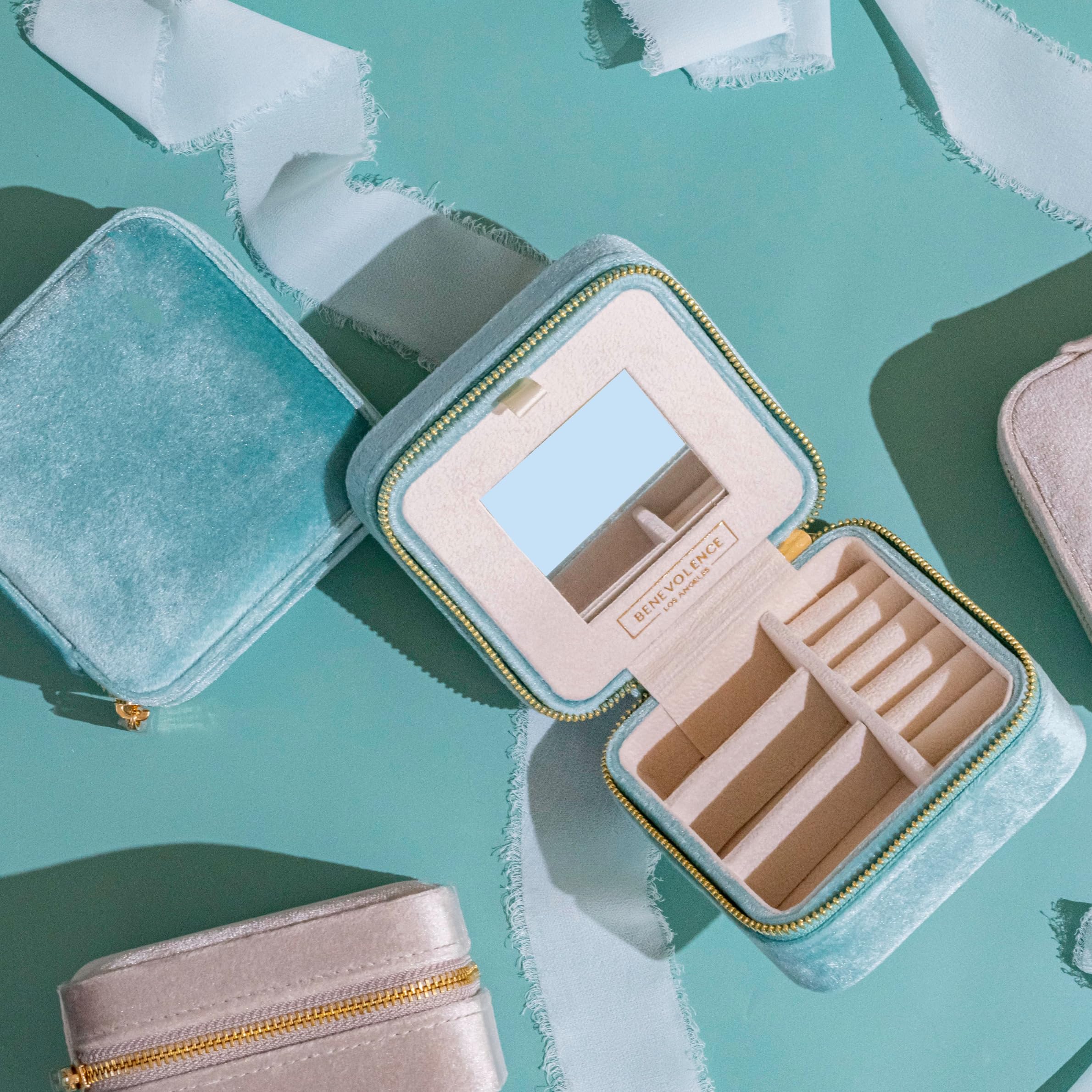 Benevolence LA Plush Velvet Travel Jewelry Storage Box | Travel Jewelry Case Small Jewelry Box for Women | Jewelry Travel Organizer | Earring Organizer with Mirror - Dusty Pink