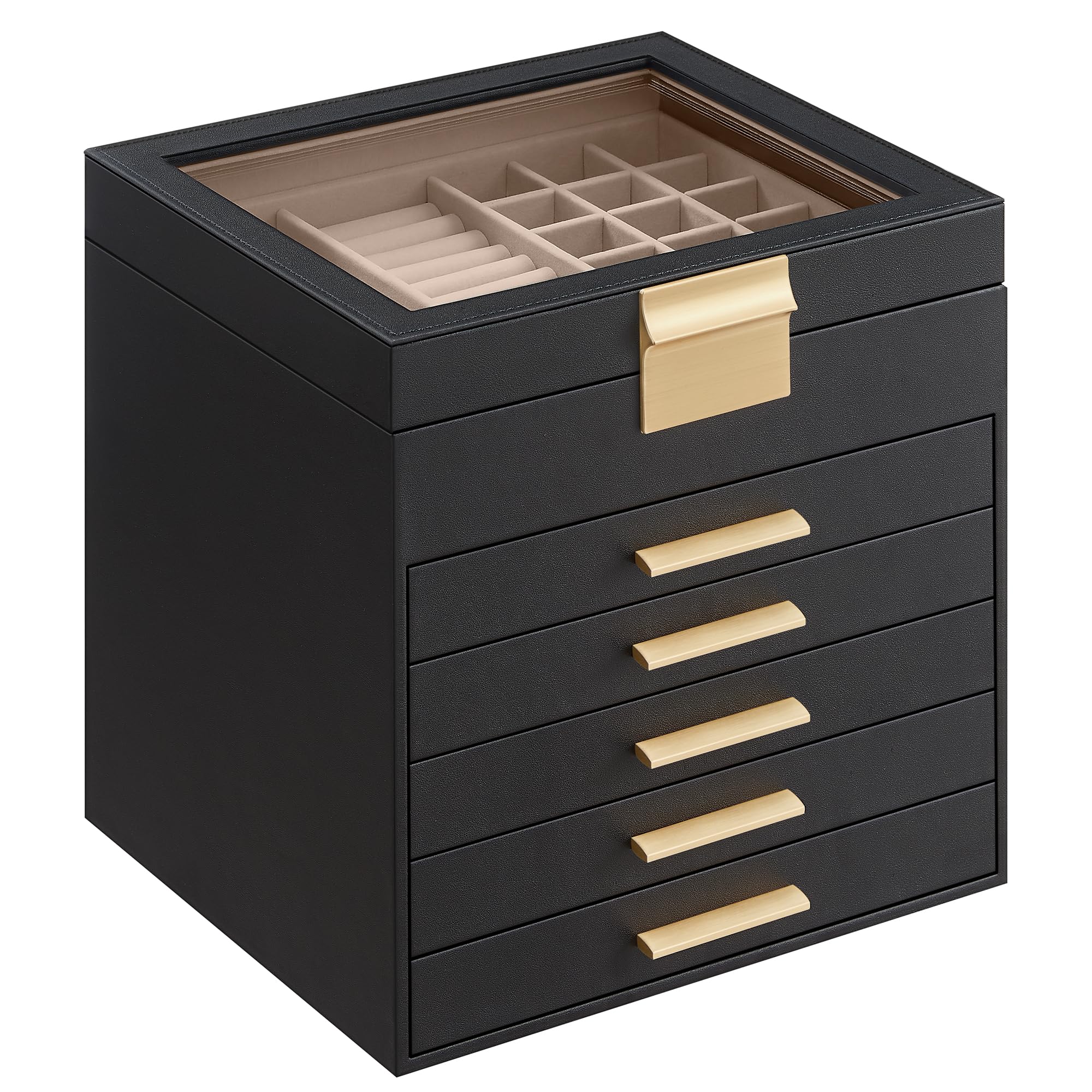 SONGMICS Jewelry Box with Glass Lid, 3-Layer Jewelry Organizer, 2 Drawers, for Big and Small Jewelry, Jewelry Storage, Modern Style, 8 x 9.1 x 5.3 Inches, Cloud White and Gold Color UJBC239WT