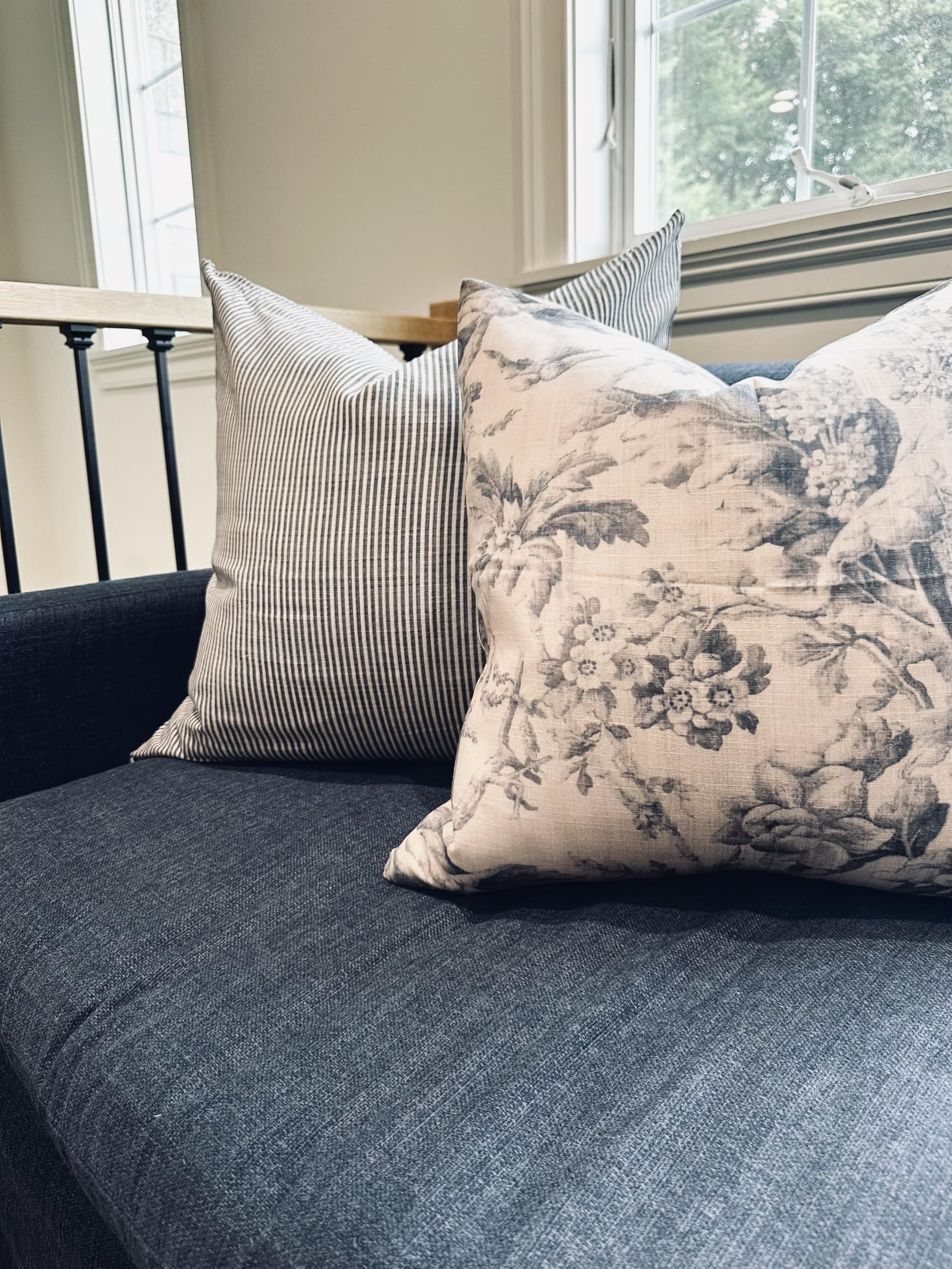 Pillow Cover 100% Linen 20 x 20 inches Double Sided Block Print with Zipper for Easy Removal Home Decor Shabby Chic Farmhouse Neutral Decorative Sofa Couch Accent (Plaid White Grey)