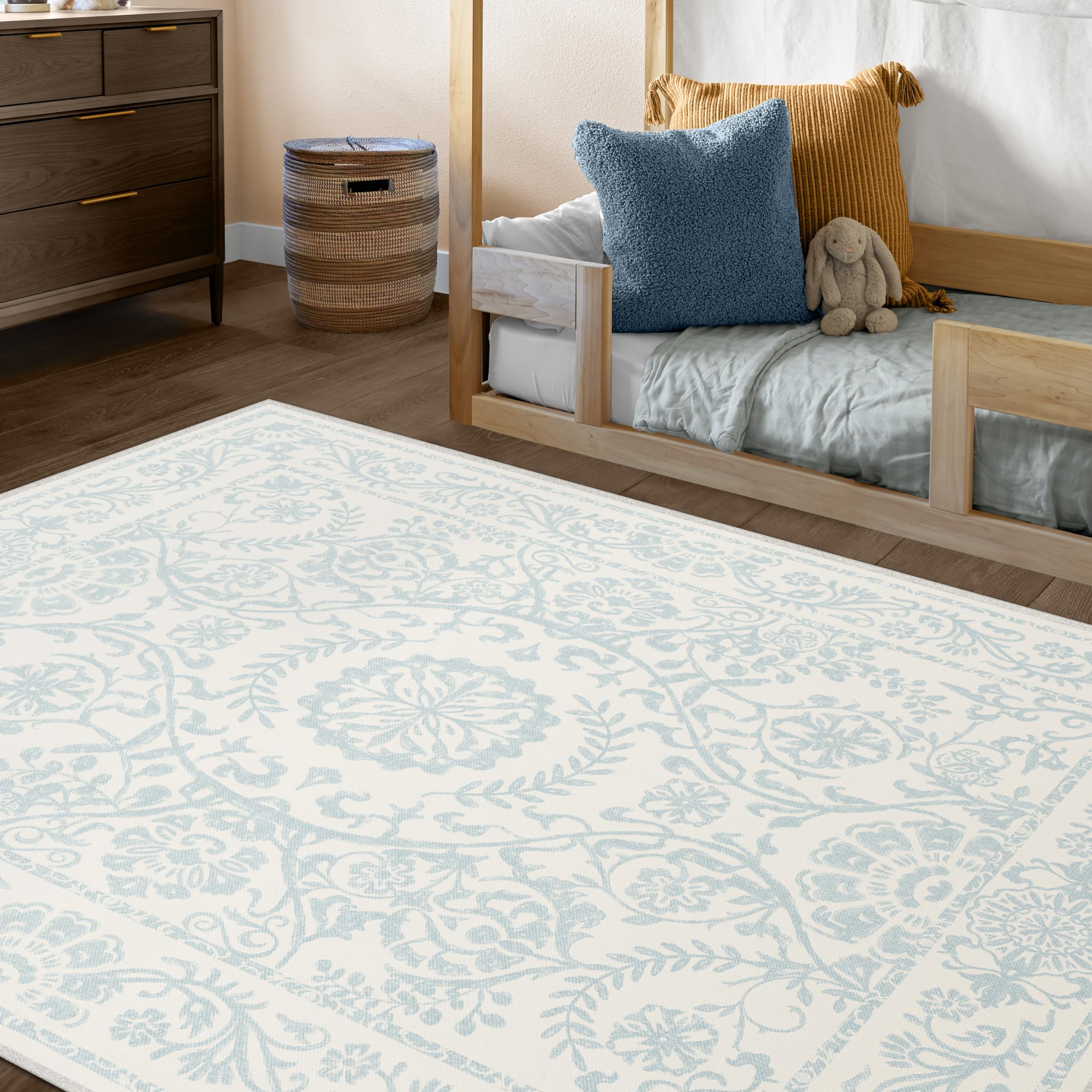 RUGGABLE Washable 2x3 Area Rug, Delphina Delft Blue, Premium Vintage Rugs for Living Room, Bedroom, Kitchen, Office, Classroom with Gripper Non Slip Pad