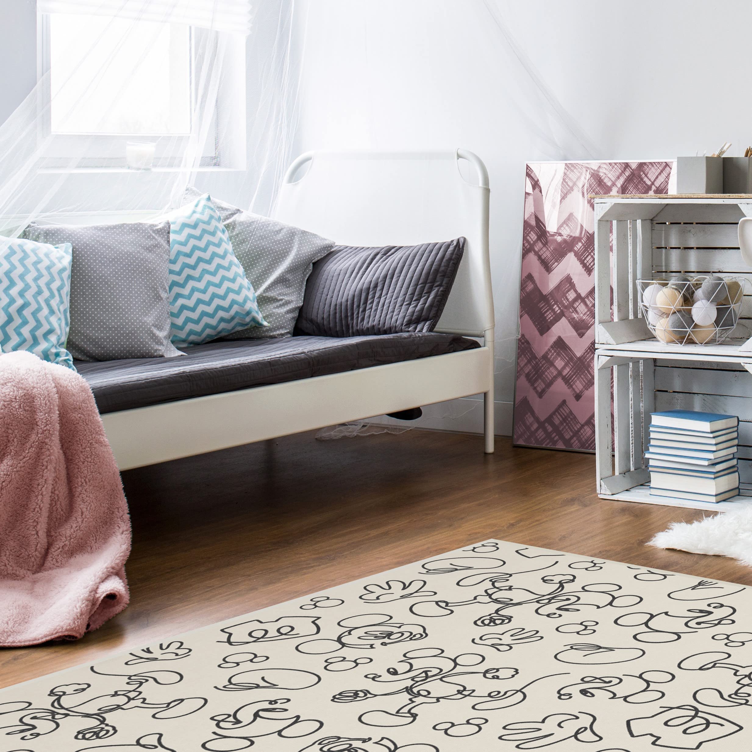 RUGGABLE Disney Classic Minnie Mouse Washable Rug - Perfect Area Rug for Nursery Playroom Kids Room - Pet & Child Friendly - Stain & Water Resistant - Trellis Pink 5&