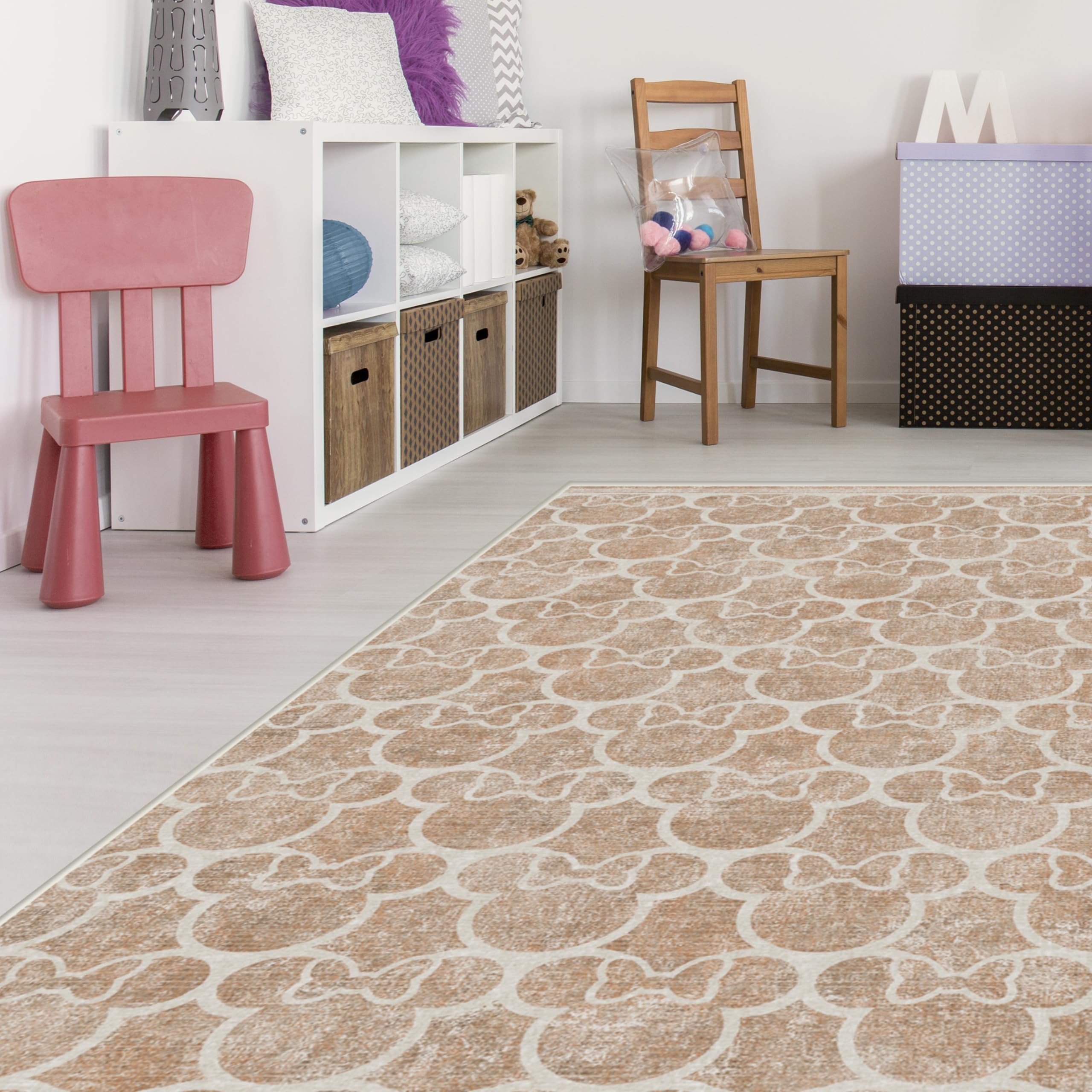 RUGGABLE Disney Classic Minnie Mouse Washable Rug - Perfect Area Rug for Nursery Playroom Kids Room - Pet & Child Friendly - Stain & Water Resistant - Trellis Pink 5&