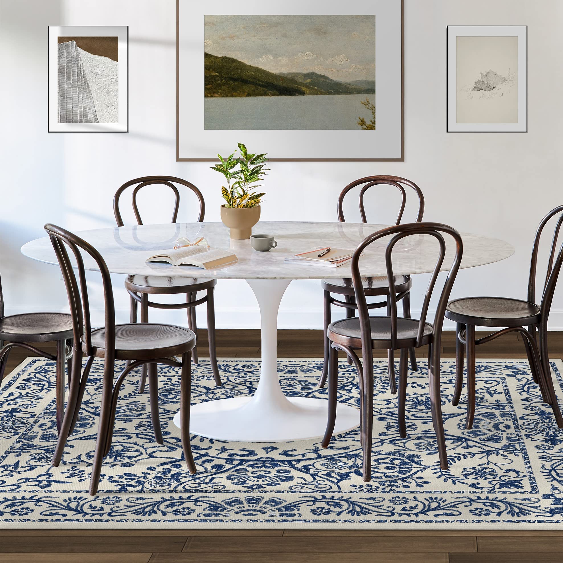 RUGGABLE Washable 2x3 Area Rug, Delphina Delft Blue, Premium Vintage Rugs for Living Room, Bedroom, Kitchen, Office, Classroom with Gripper Non Slip Pad