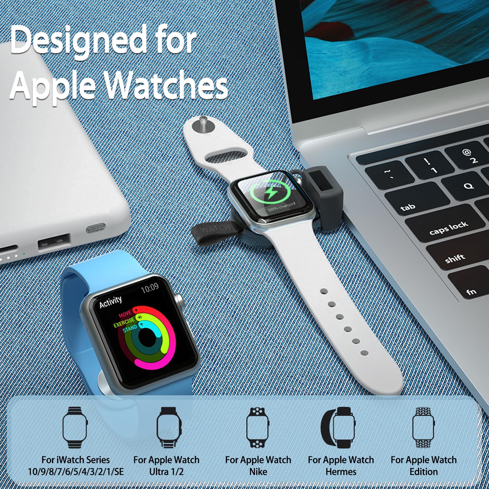 NEWDERY Charger for Apple Watch Portable iWatch USB Wireless Charger, Travel Cordless Charger with Light Weight Magnetic Quick Charge for Apple Watch Ultra 2 Series 9 8 7 6 5 4 3 2 1 SE, White
