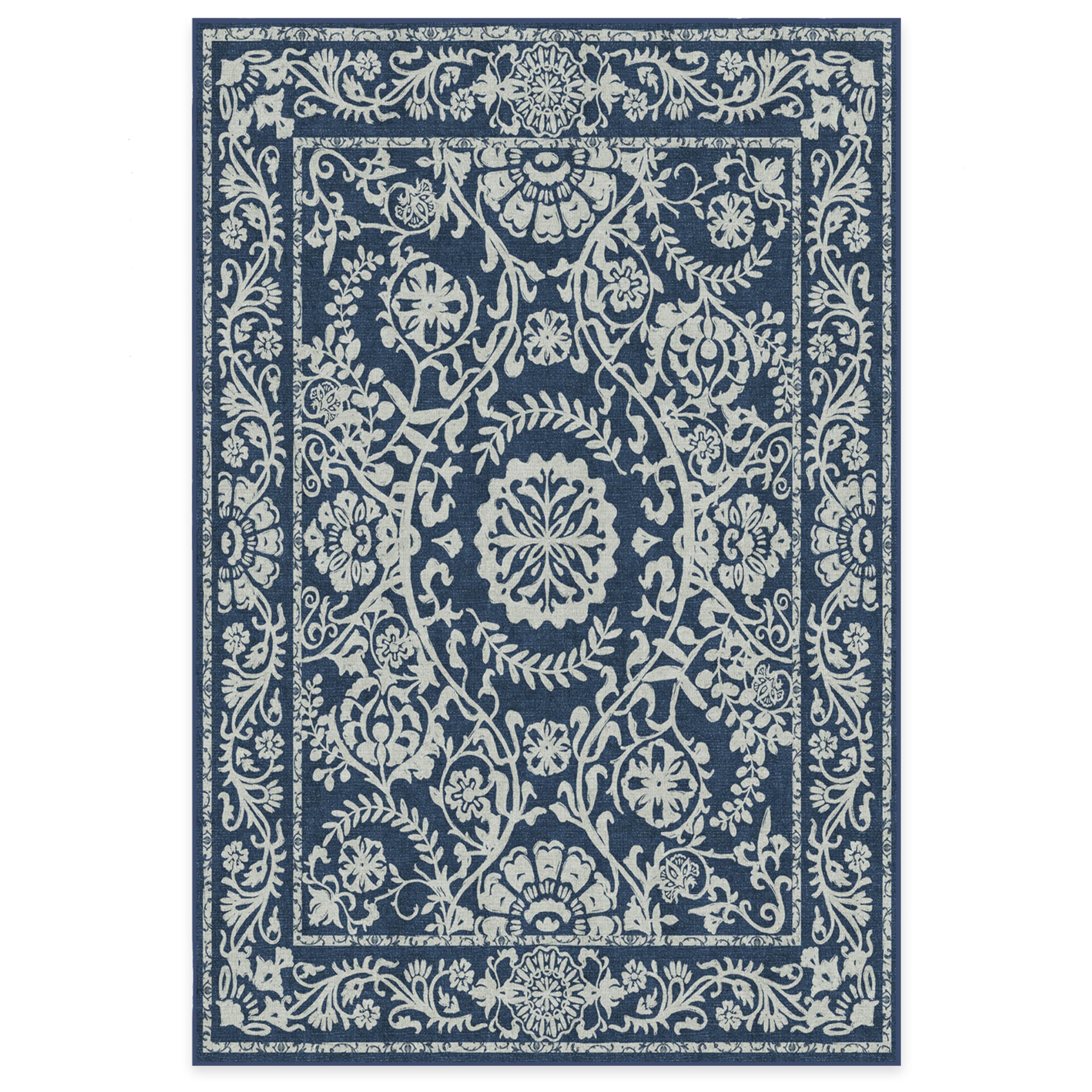 RUGGABLE Washable 2x3 Area Rug, Delphina Delft Blue, Premium Vintage Rugs for Living Room, Bedroom, Kitchen, Office, Classroom with Gripper Non Slip Pad