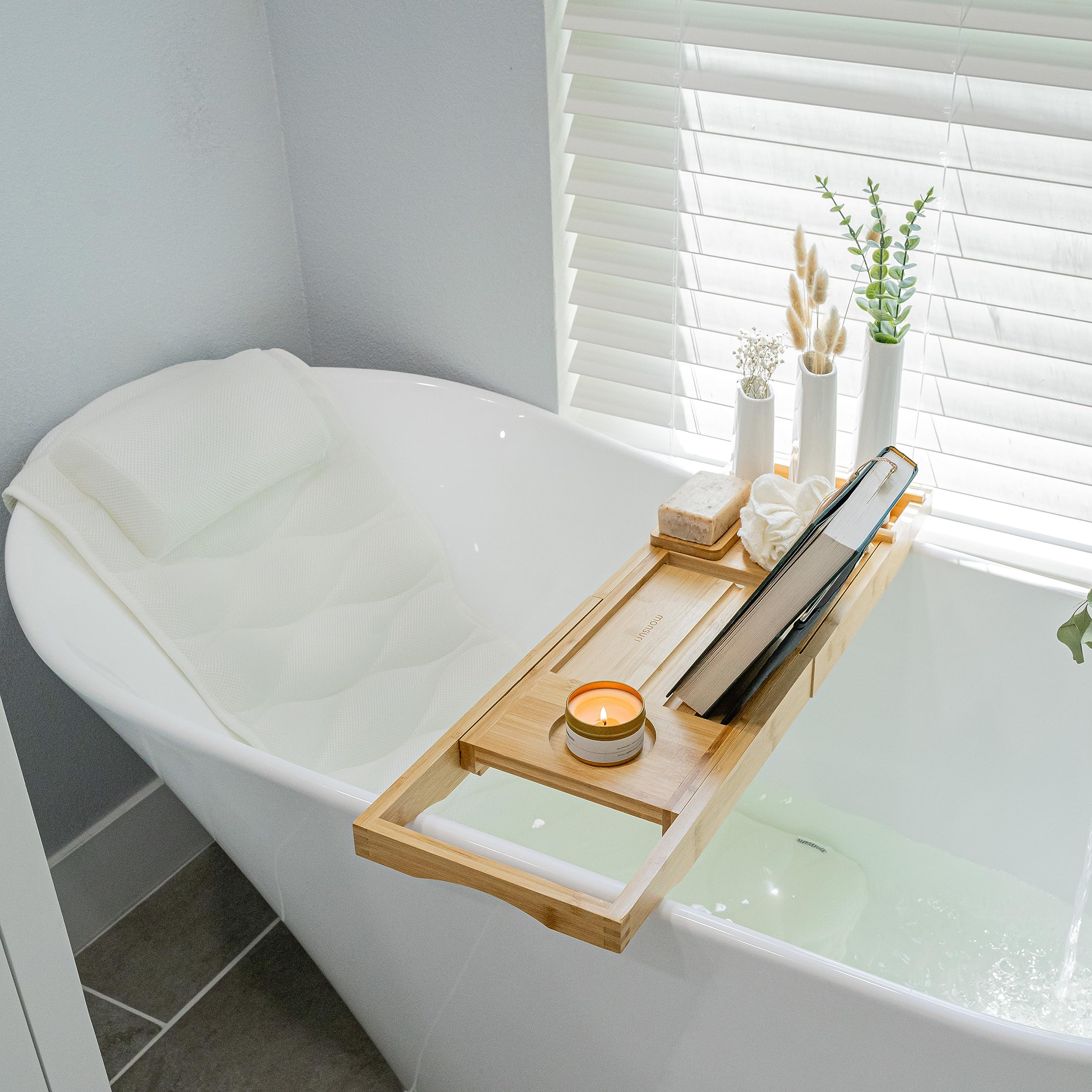 Bath Pillow and Bathtub Tray for Tub: Pamper Yourself to a Luxurious at-Home Spa Experience - Bath Accessories Ideal Relaxation Gifts for Mom, Self Care Gifts for Women.