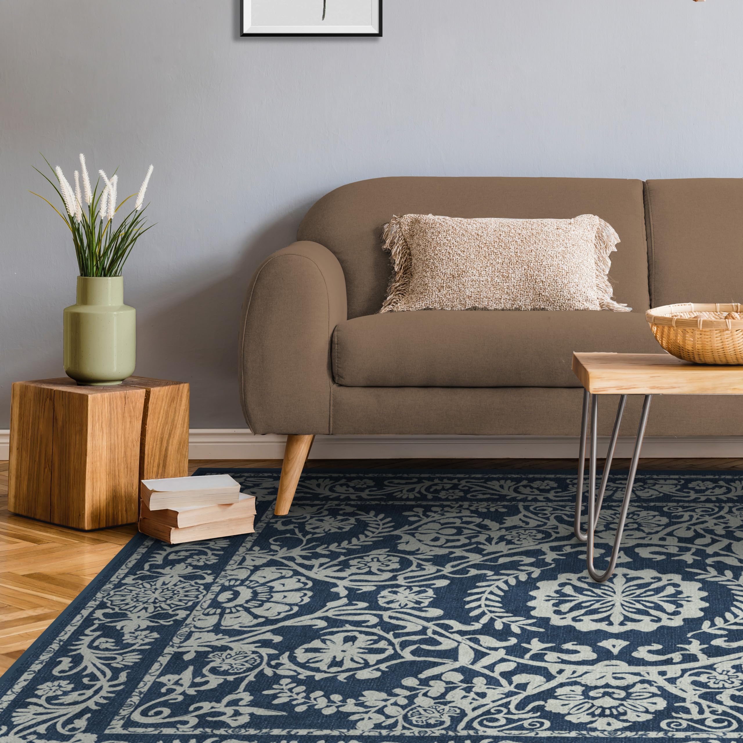 RUGGABLE Washable 2x3 Area Rug, Delphina Delft Blue, Premium Vintage Rugs for Living Room, Bedroom, Kitchen, Office, Classroom with Gripper Non Slip Pad
