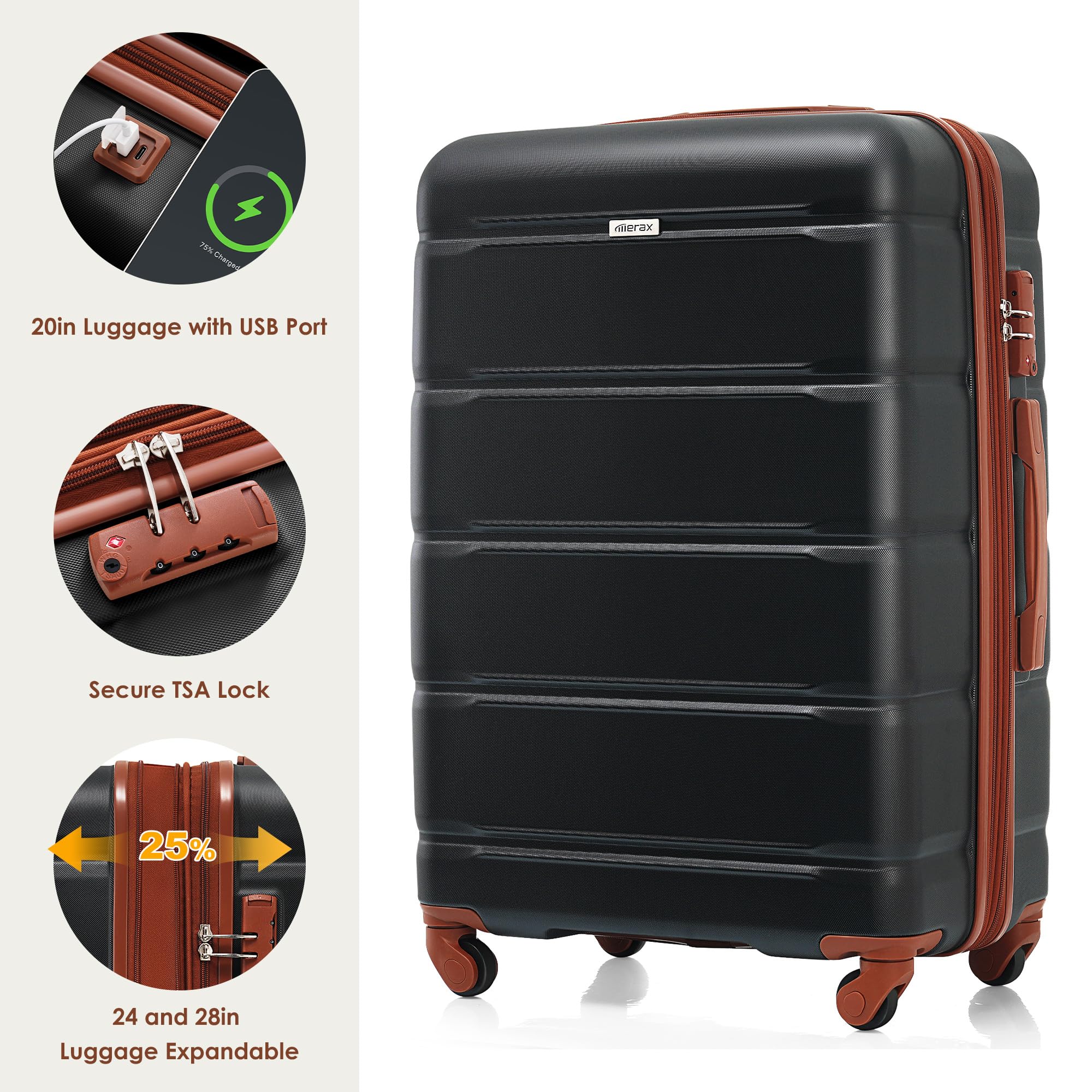Merax 3 Pcs ABS Hardside Luggage Sets TSA Lock Spinner Wheel Suitcases, Pearly White, 20/24/28 Inch