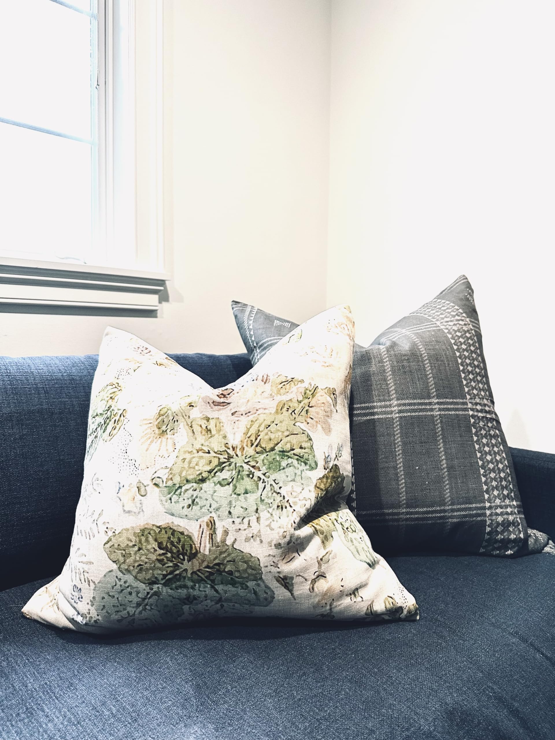 Pillow Cover 100% Linen 20 x 20 inches Double Sided Block Print with Zipper for Easy Removal Home Decor Shabby Chic Farmhouse Neutral Decorative Sofa Couch Accent (Plaid White Grey)