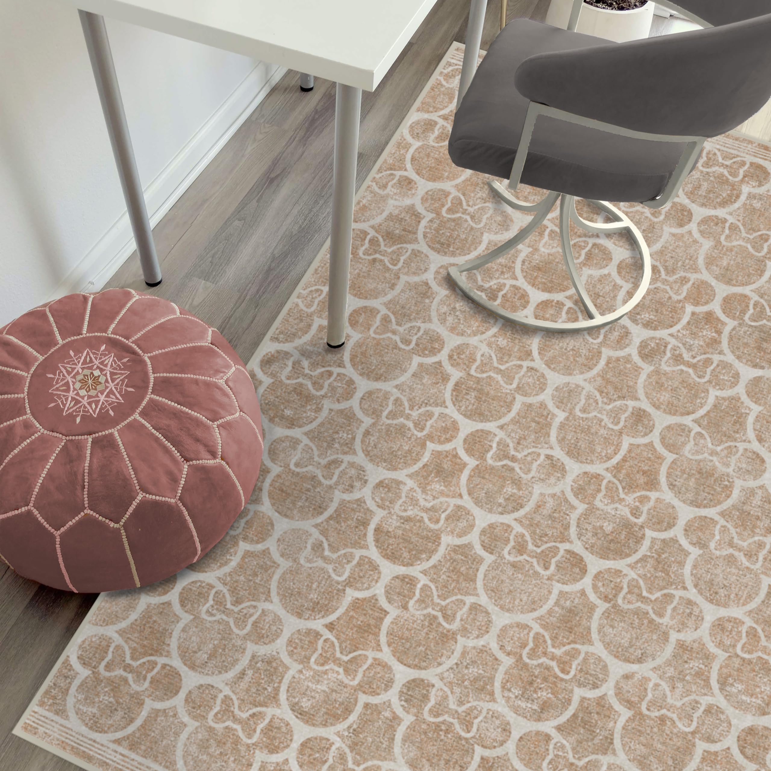 RUGGABLE Disney Classic Minnie Mouse Washable Rug - Perfect Area Rug for Nursery Playroom Kids Room - Pet & Child Friendly - Stain & Water Resistant - Trellis Pink 5&