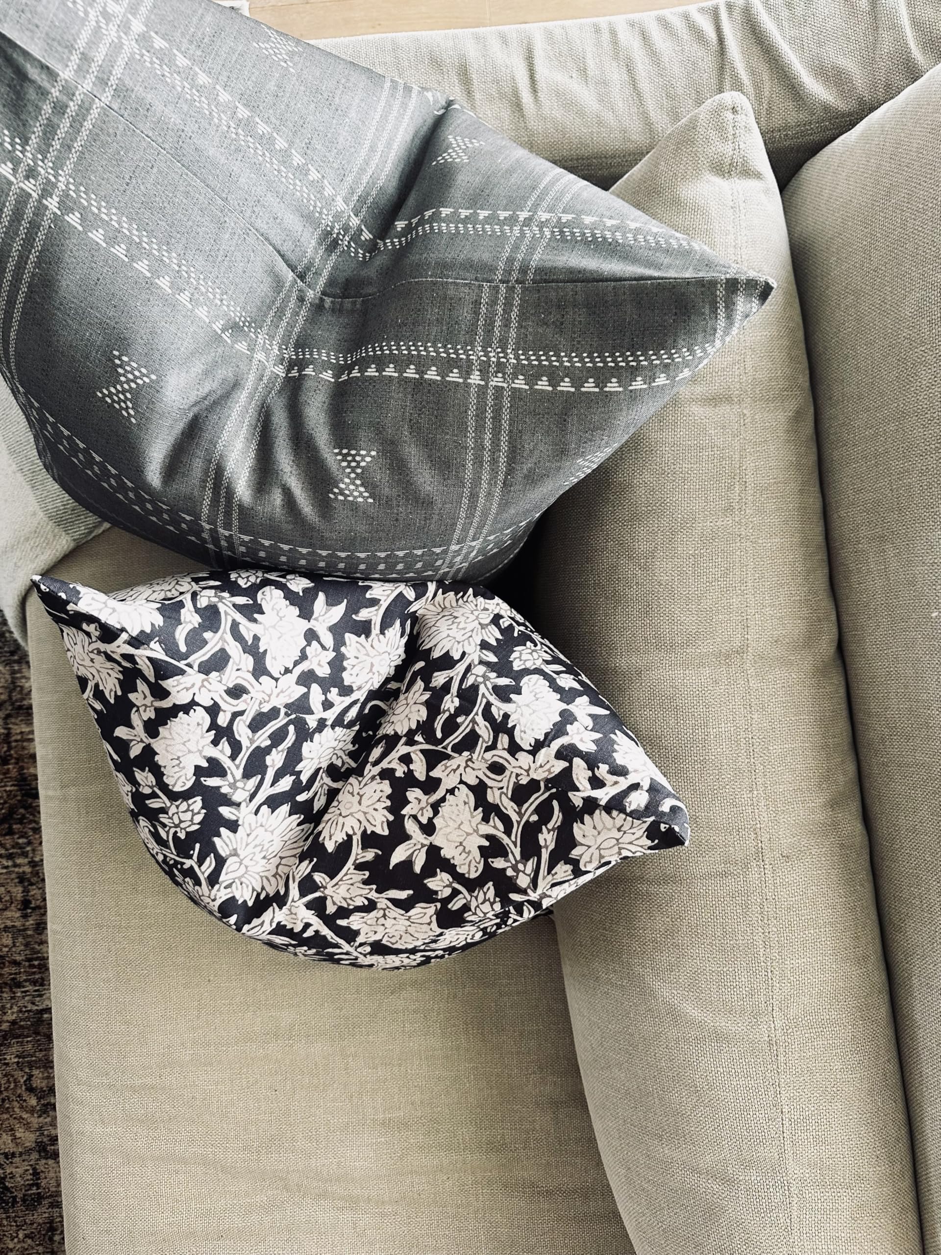 Pillow Cover 100% Linen 20 x 20 inches Double Sided Block Print with Zipper for Easy Removal Home Decor Shabby Chic Farmhouse Neutral Decorative Sofa Couch Accent (Plaid White Grey)
