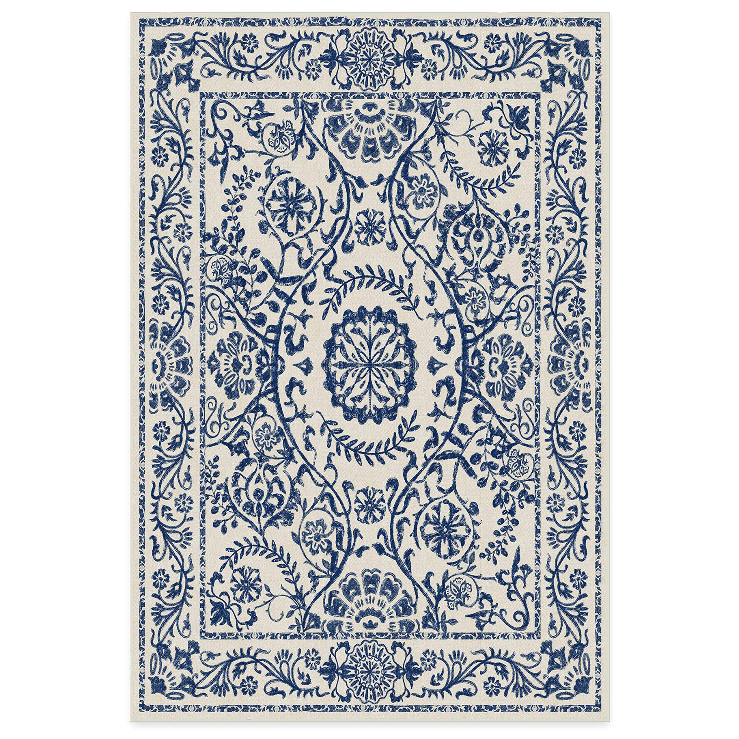 RUGGABLE Washable 2x3 Area Rug, Delphina Delft Blue, Premium Vintage Rugs for Living Room, Bedroom, Kitchen, Office, Classroom with Gripper Non Slip Pad