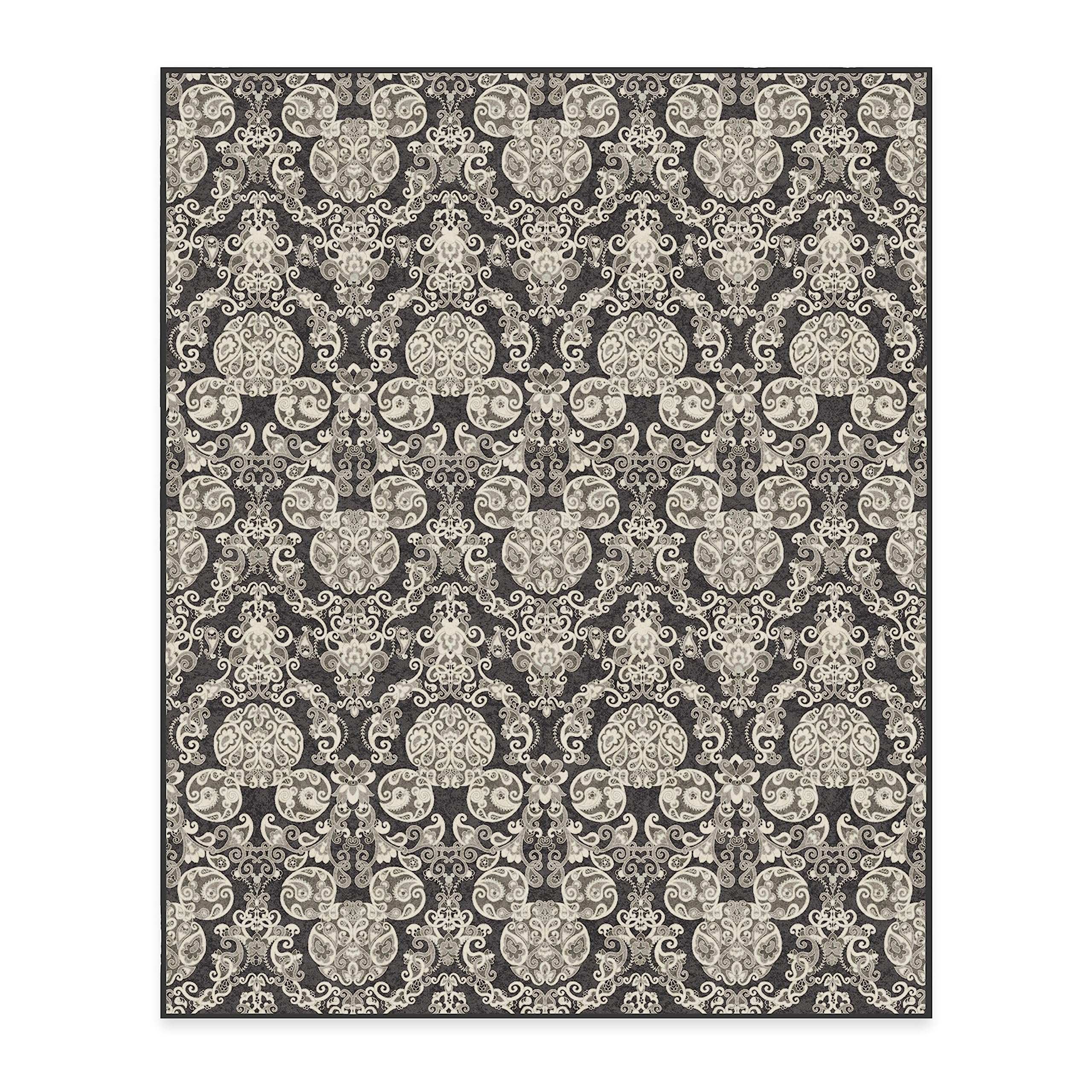 RUGGABLE Disney Traditional Mickey Mouse Washable Rug - Perfect Area Rug for Nursery Playroom Kids Room - Pet & Child Friendly - Stain & Water Resistant - Damask Grey 3&