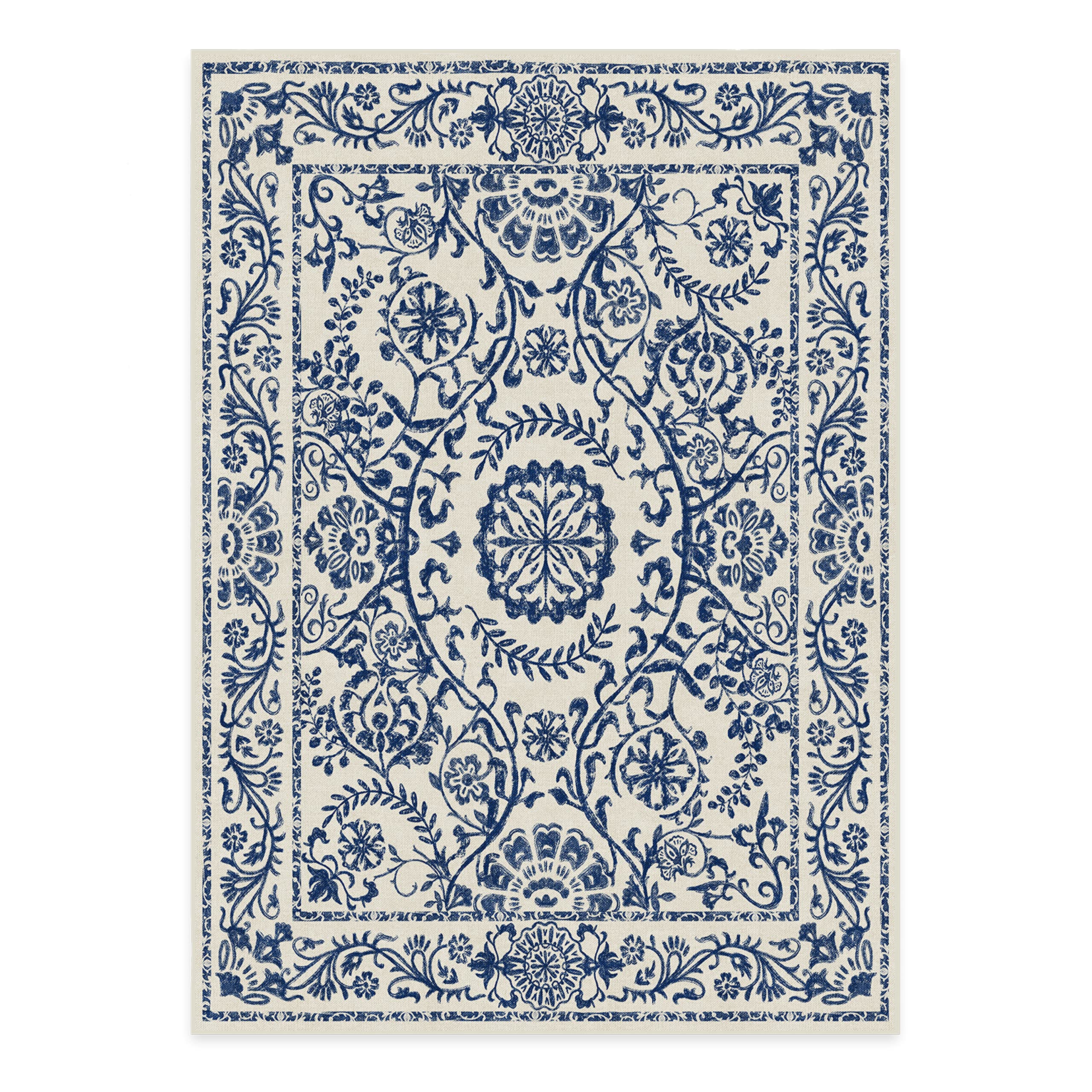 RUGGABLE Washable 2x3 Area Rug, Delphina Delft Blue, Premium Vintage Rugs for Living Room, Bedroom, Kitchen, Office, Classroom with Gripper Non Slip Pad