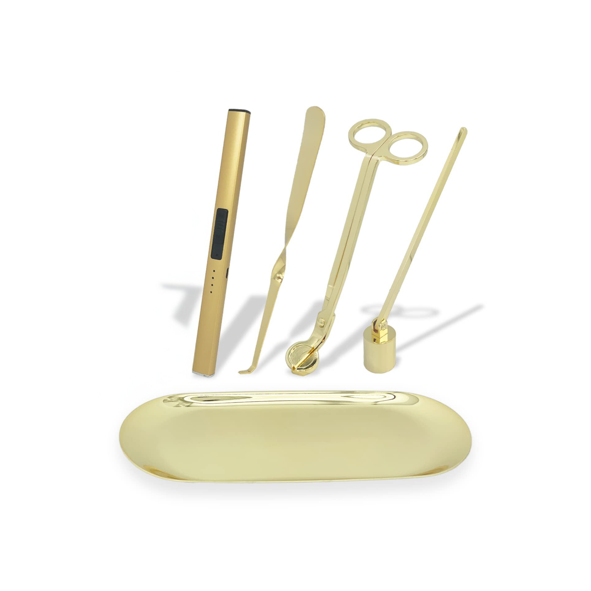 Exquisite Candle Accessories Tool Pack Bag, Rechargeable Electric Lighter, Wick Trimmer, Dipper, Snuffer and Tray Holder Elegant Kit Gift for Candle Lovers in Dating, Valentines Decor. ( Lemon Gold )