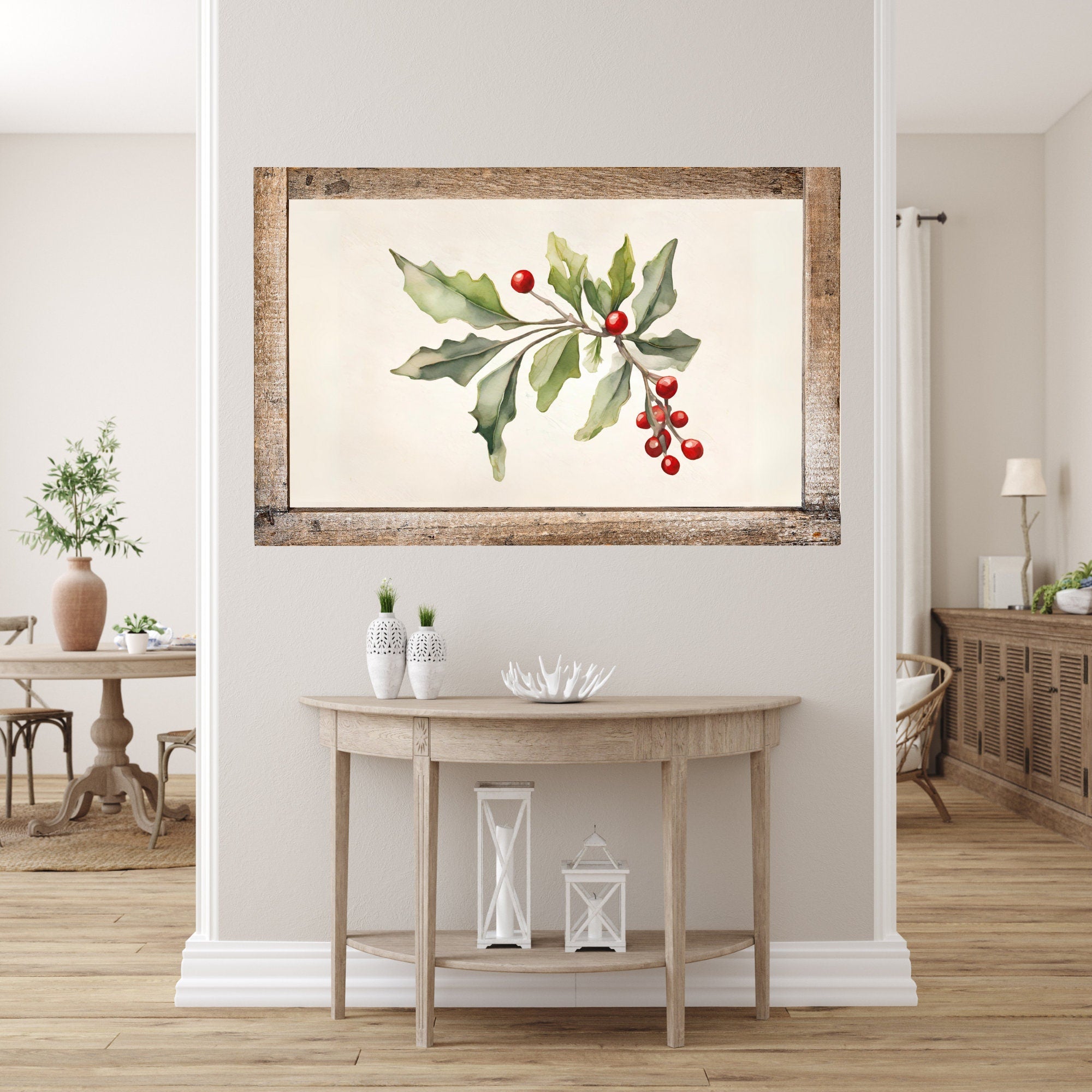 Farmhouse Christmas Holiday Watercolor Frame TV Art, Red Green Collection Mistletoe Wreath, Rustic Barn Ranch Scene, Poinsettias