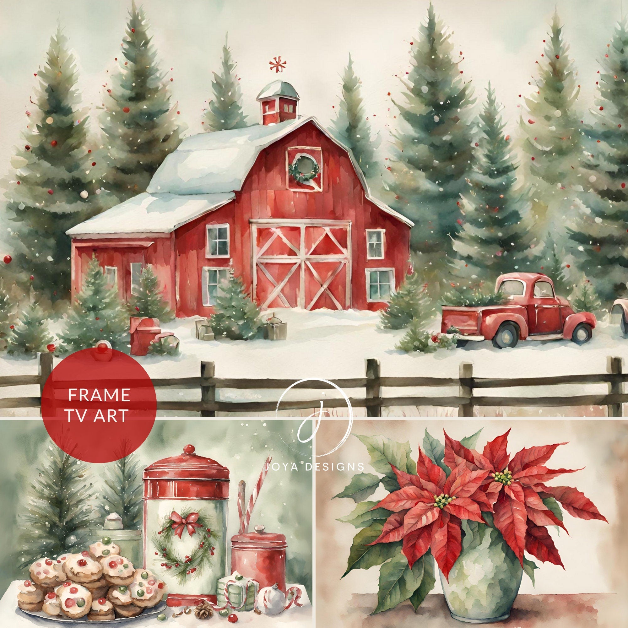 Farmhouse Christmas Holiday Watercolor Frame TV Art, Red Green Collection Mistletoe Wreath, Rustic Barn Ranch Scene, Poinsettias