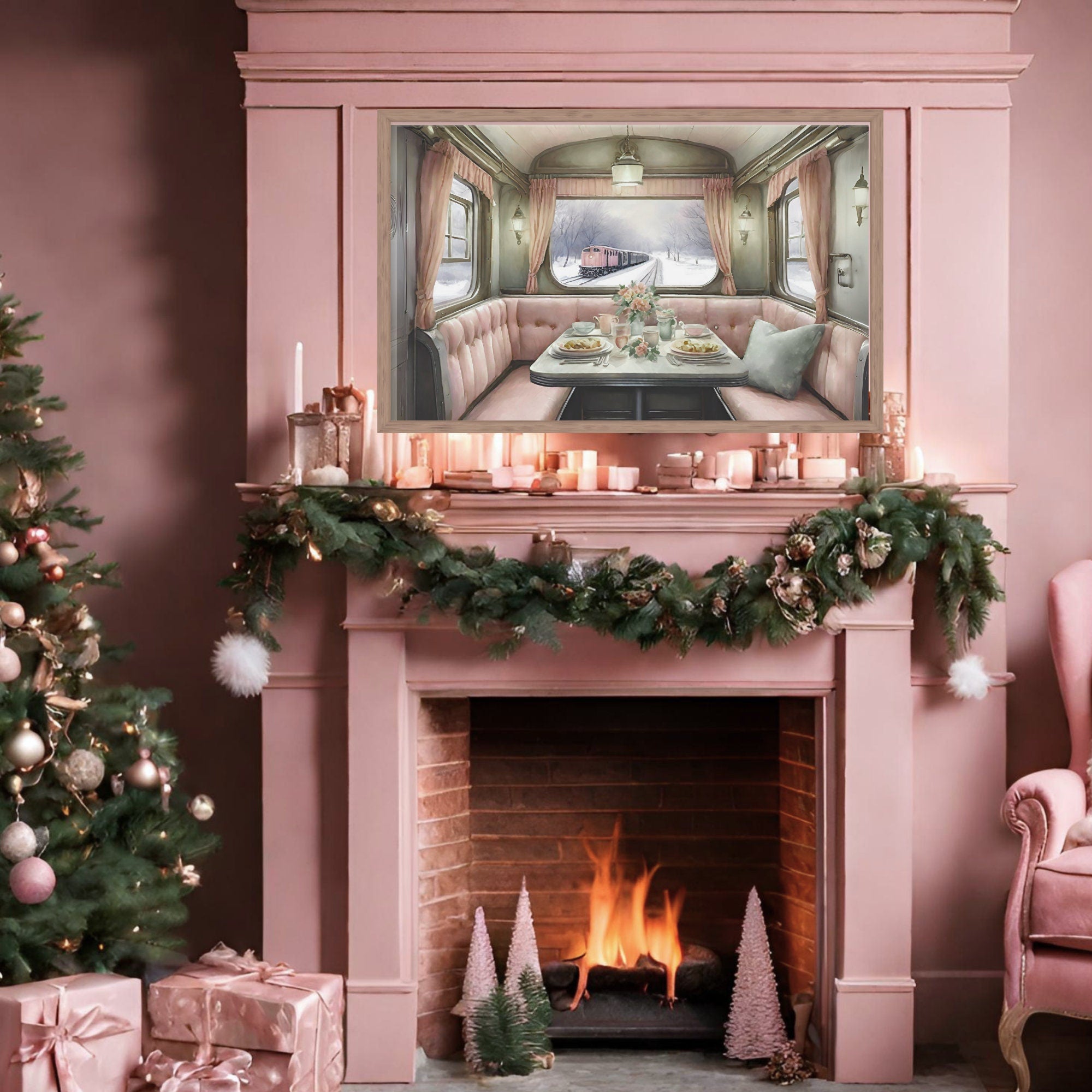 Fancy Frosty Express Watercolor Art | Festive Holiday Winter Digital Frame TV Nostalgic Holidays Unique Pink Green Wash