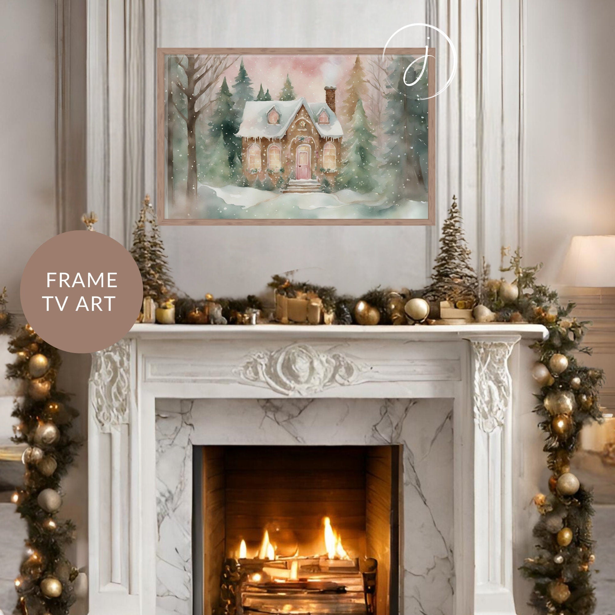 Blushing Gingerbread House Watercolor Art | Festive Holiday Winter Wonderland Digital Frame TV Nostalgic Holidays Unique Pink Green Wash