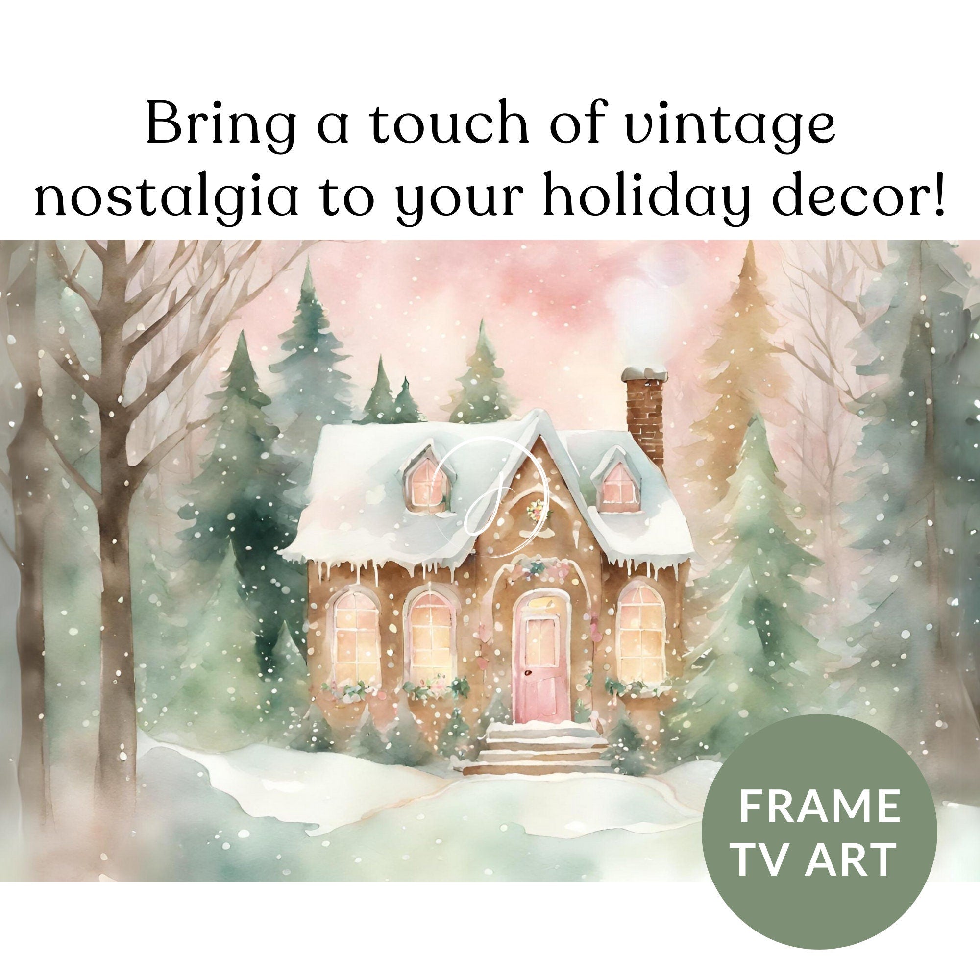 Blushing Gingerbread House Watercolor Art | Festive Holiday Winter Wonderland Digital Frame TV Nostalgic Holidays Unique Pink Green Wash