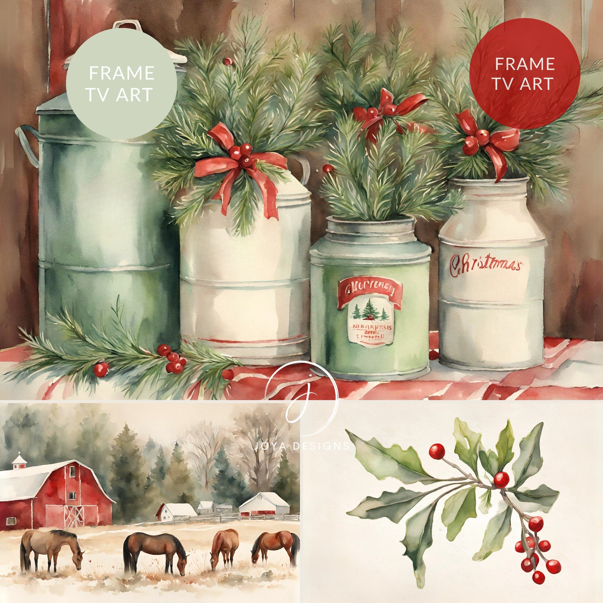 Farmhouse Christmas Holiday Watercolor Frame TV Art, Red Green Collection Mistletoe Wreath, Rustic Barn Ranch Scene, Poinsettias
