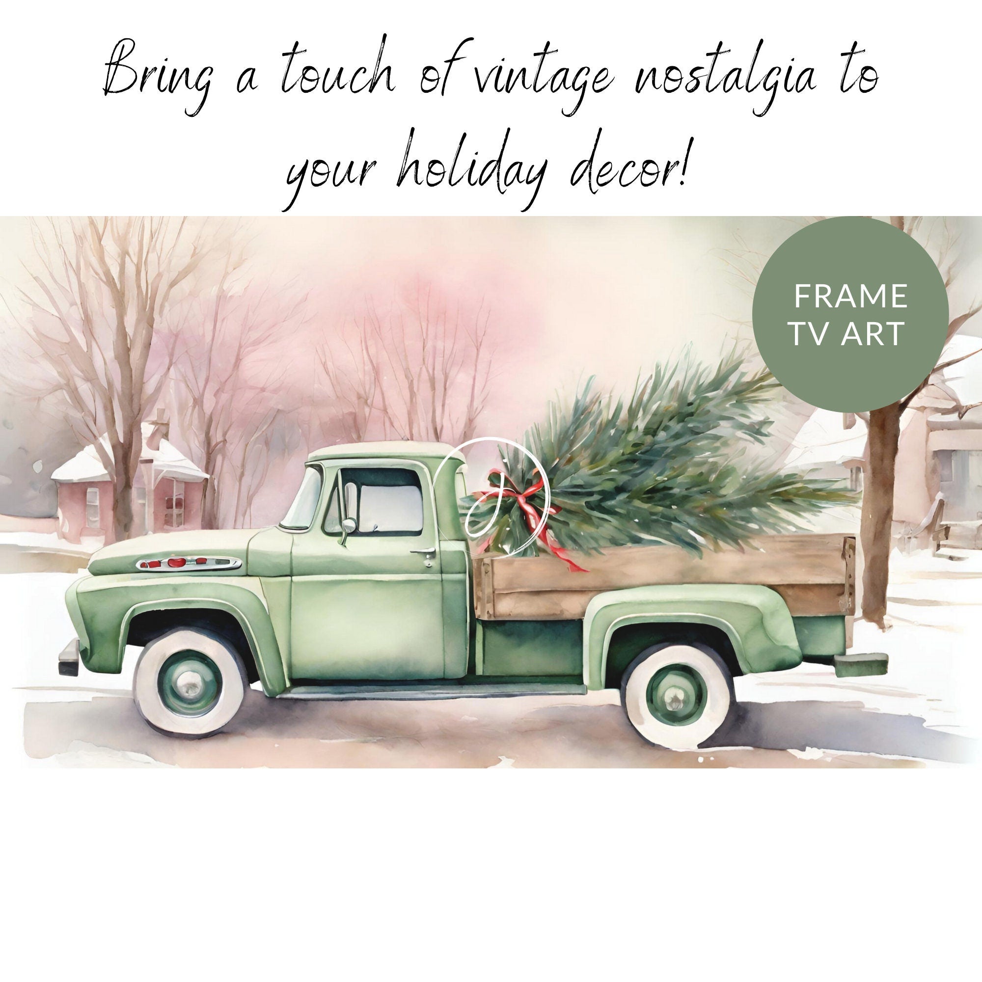 Minty Merry Ride Truck Christmas Tree Watercolor Art | Festive Holiday Winter Digital Frame TV Nostalgic Holidays Unique Pink Green Wash