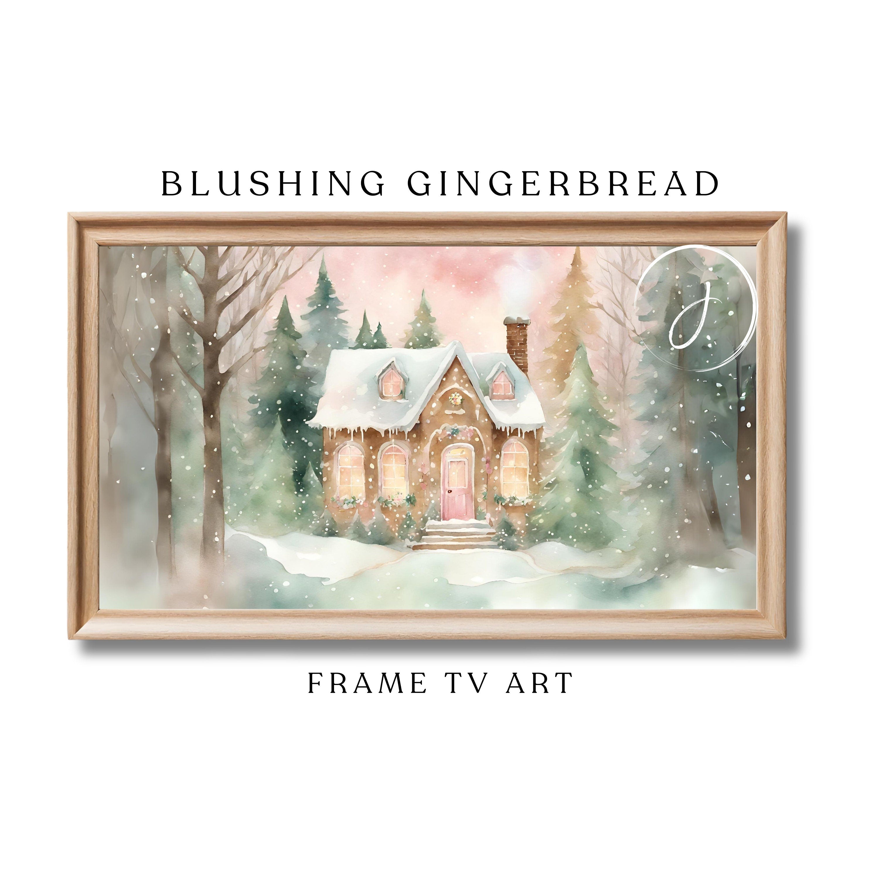 Blushing Gingerbread House Watercolor Art | Festive Holiday Winter Wonderland Digital Frame TV Nostalgic Holidays Unique Pink Green Wash